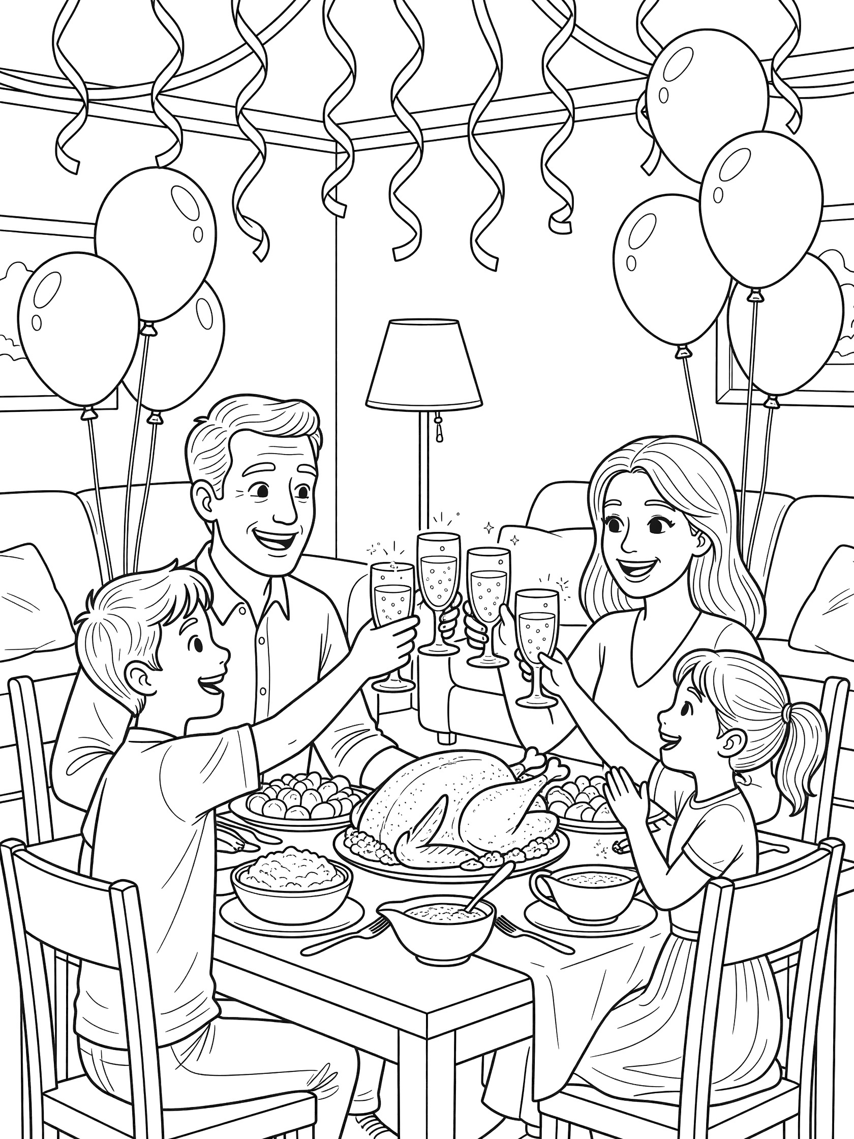 Black-and-white line art coloring page showing a family of four raising glasses in a toast around a dinner table with turkey, balloons, and streamers for 2027 New Year.