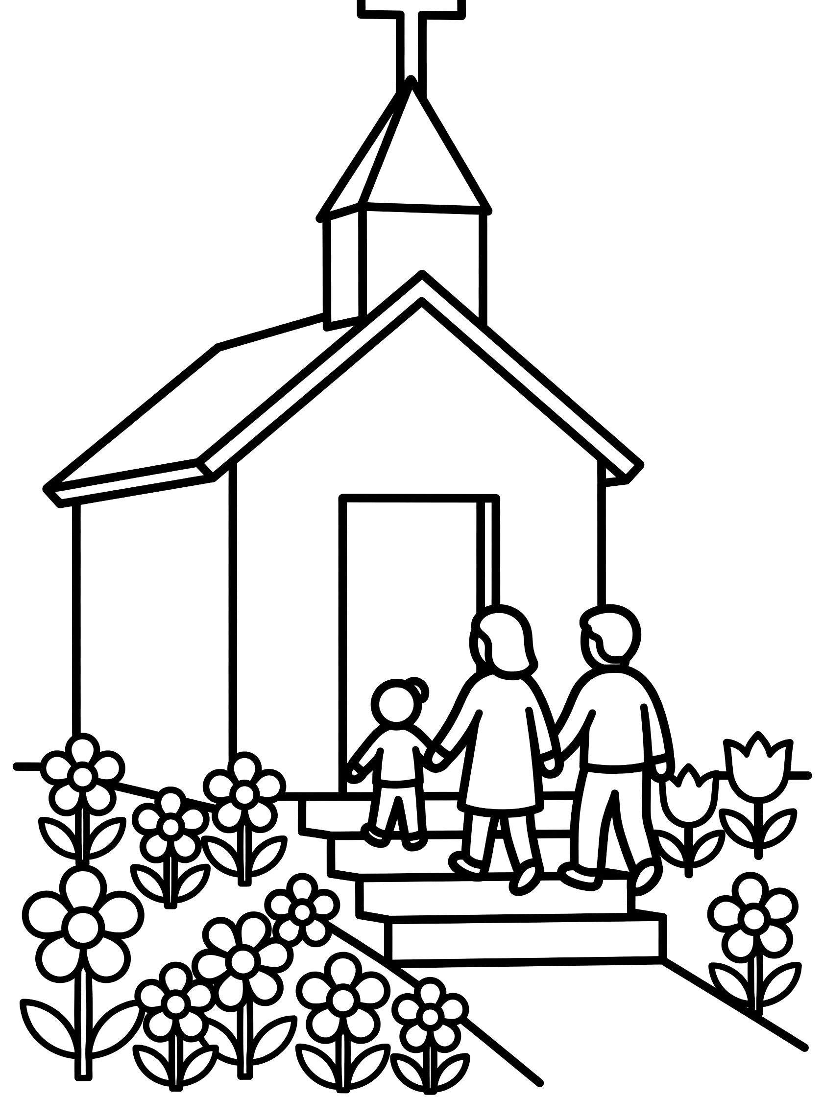Black and white coloring page of a family of mom dad and two kids approaching a church building with open door steps blooming flowers and cross on steeple. Easter Sunday Mass themed black and white printable line art
