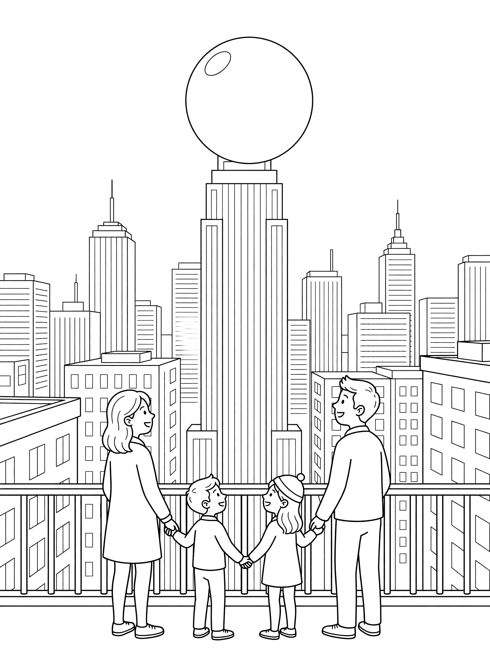 Line art coloring page showing a family holding hands on a balcony, smiling as they watch a giant ball drop from a tall building in a city skyline at midnight.