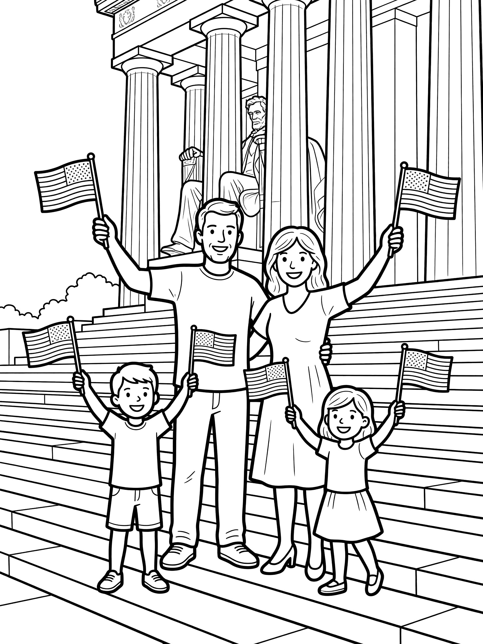 Black and white line art coloring page showing a family of four waving American flags on the wide steps of the Lincoln Memorial with columns and Lincoln statue visible.