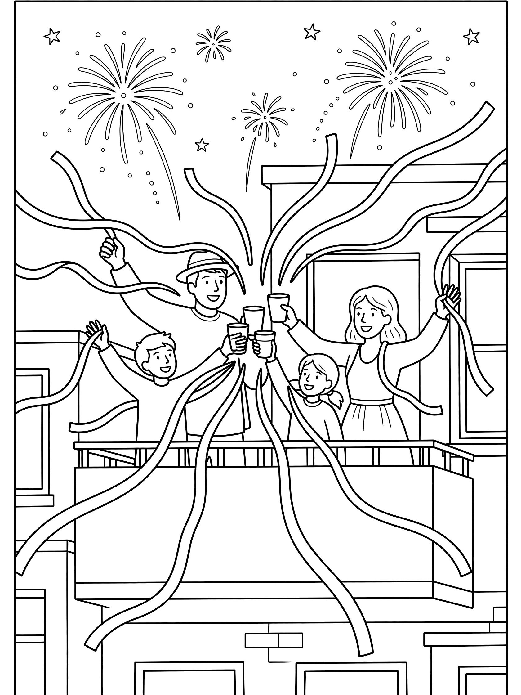 Black-and-white coloring page of a family on an apartment balcony waving long streamers, toasting with cups, with fireworks in the night sky.