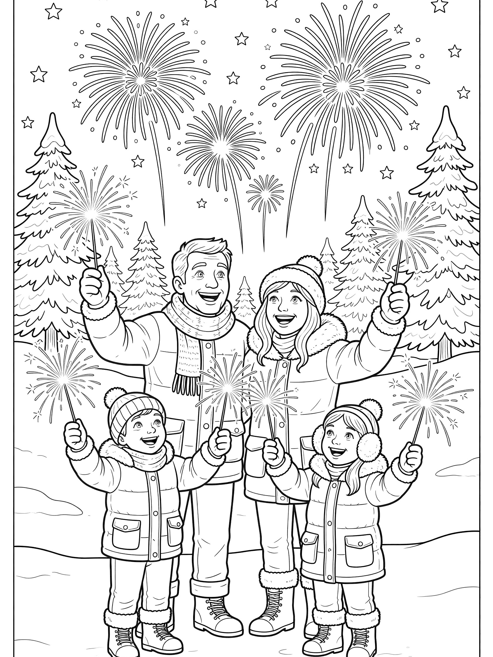 Black and white coloring page of a happy family in winter clothes holding lit sparklers, standing in snow under fireworks and stars with pine trees for Happy New Year.