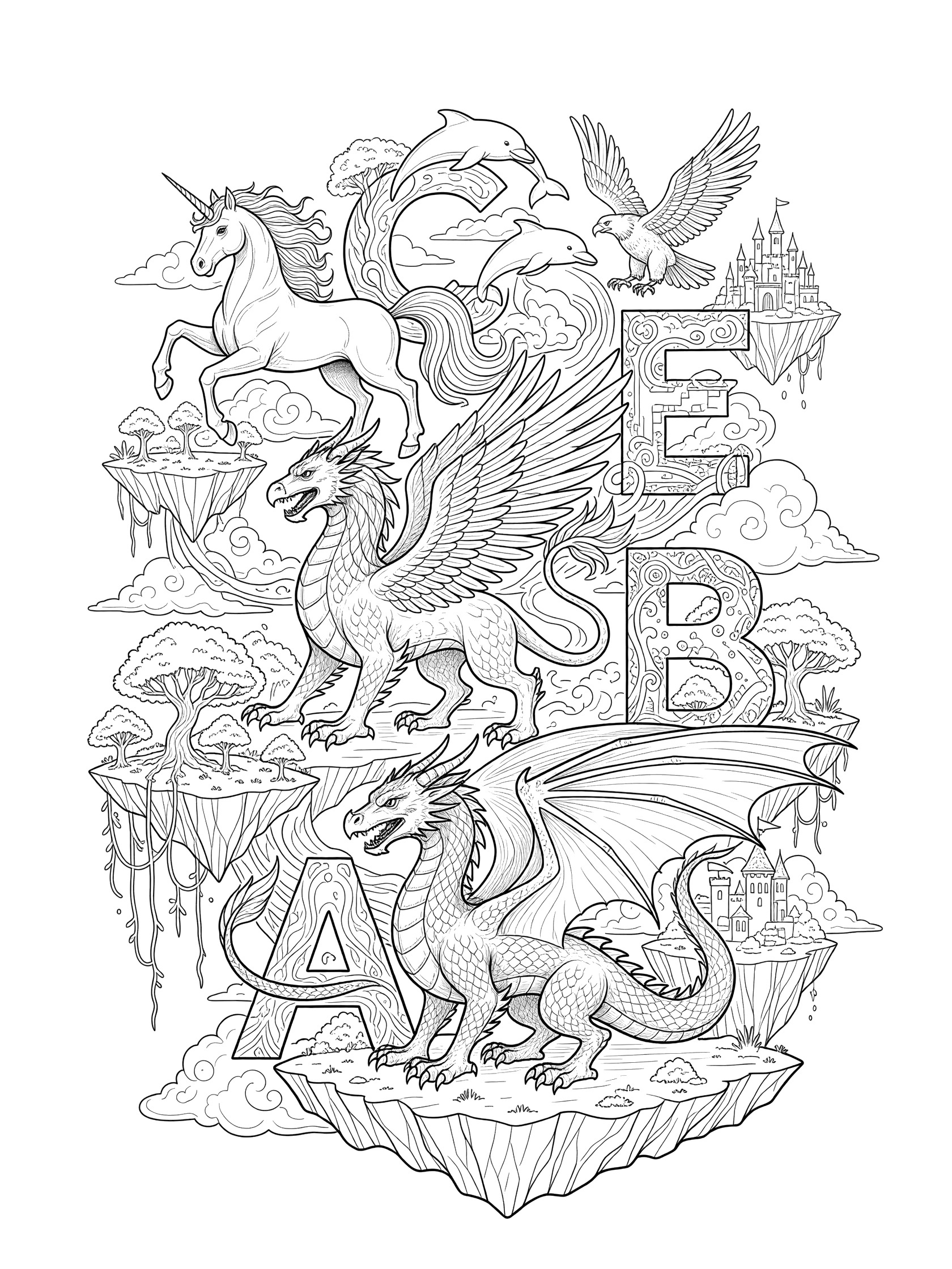 Detailed coloring page showing big letters A B E formed by dragons unicorn eagle dolphin wings clouds castles and floating islands in cute cartoon style. alphabet animals worksheet themed black and white printable line art