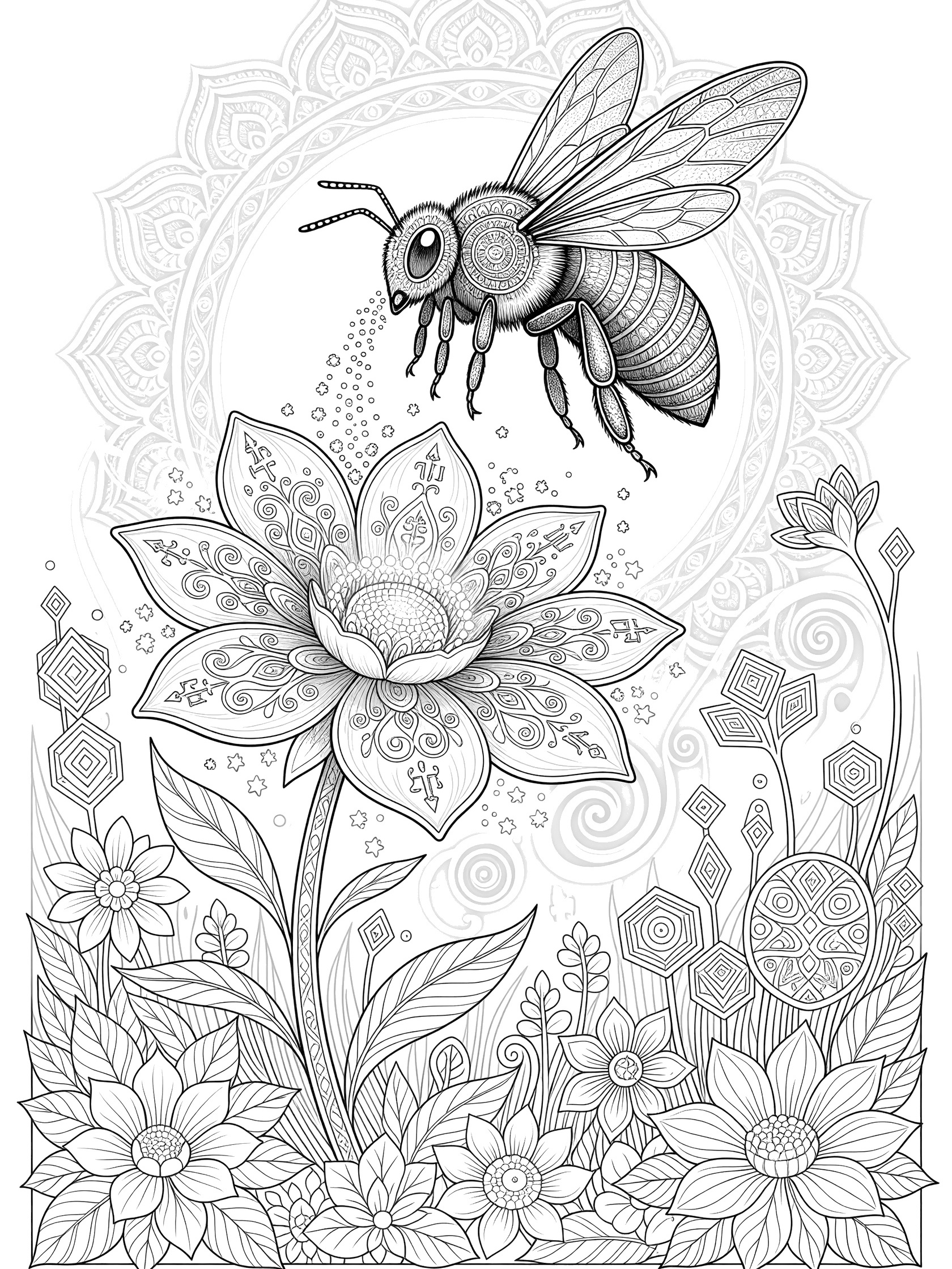 Detailed line art coloring page showing a fantasy bee with mandala patterns sprinkling pollen on an enchanted flower in a meadow with vines and geometric designs.