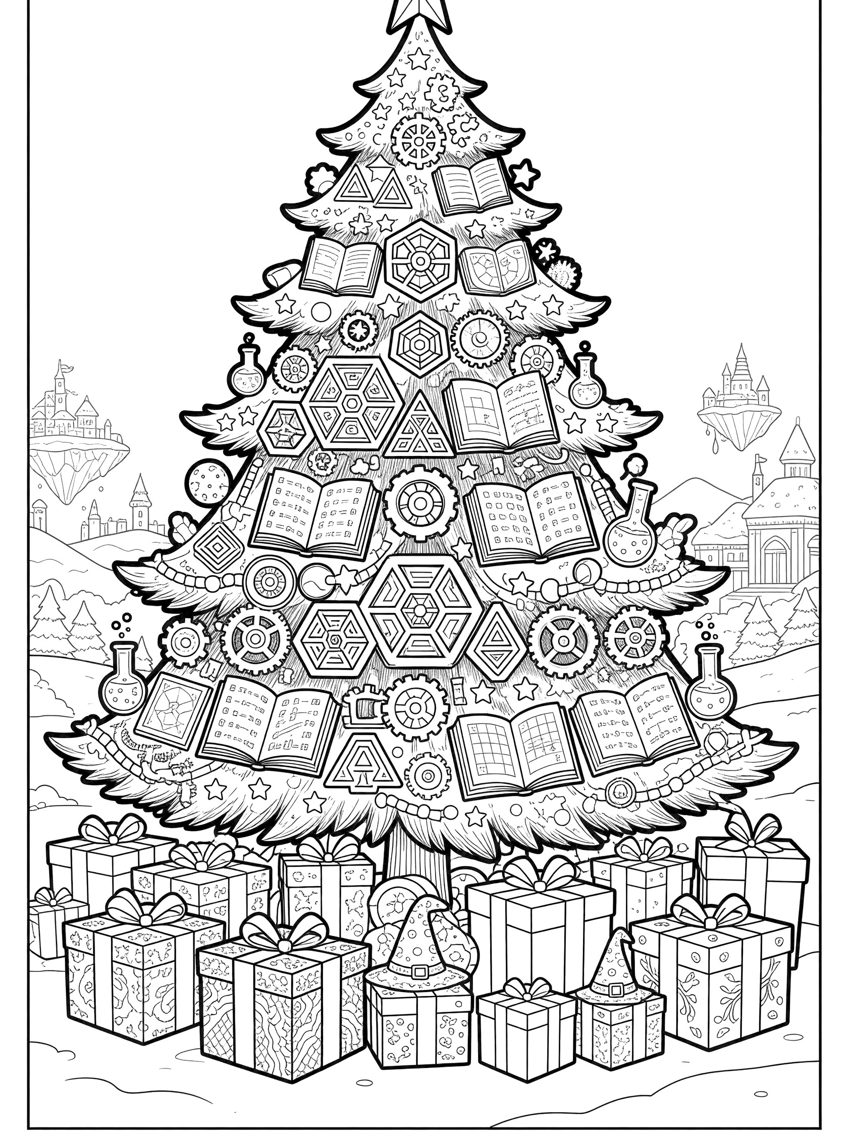 Detailed fantasy Christmas tree presents coloring page with stacked gifts, open books on branches, geometric ornaments, floating castles, and snowy ground.