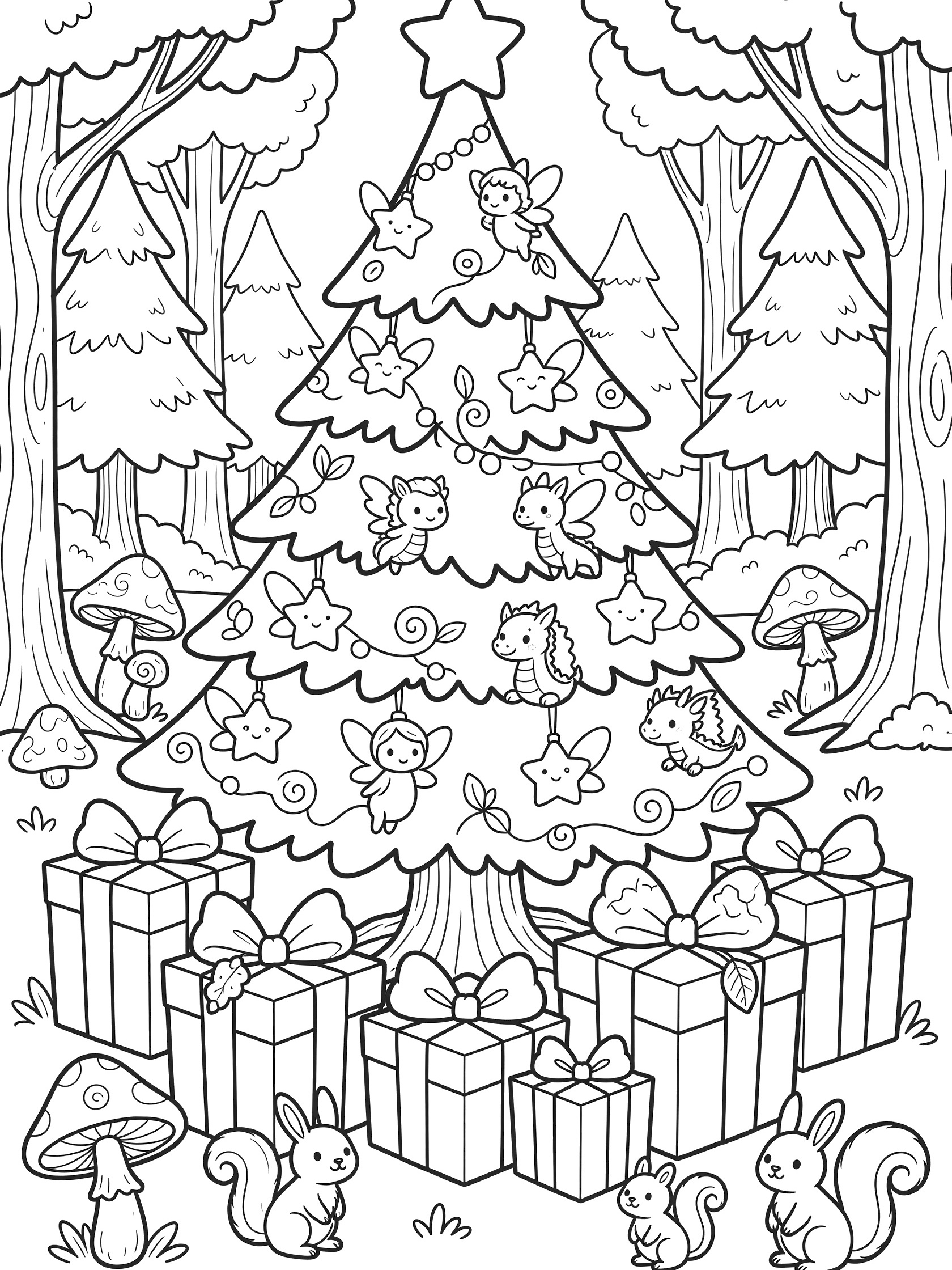Cute cartoon coloring page showing a fantasy Christmas tree presents scene with fairies on branches, squirrels near gifts, mushrooms and forest background.