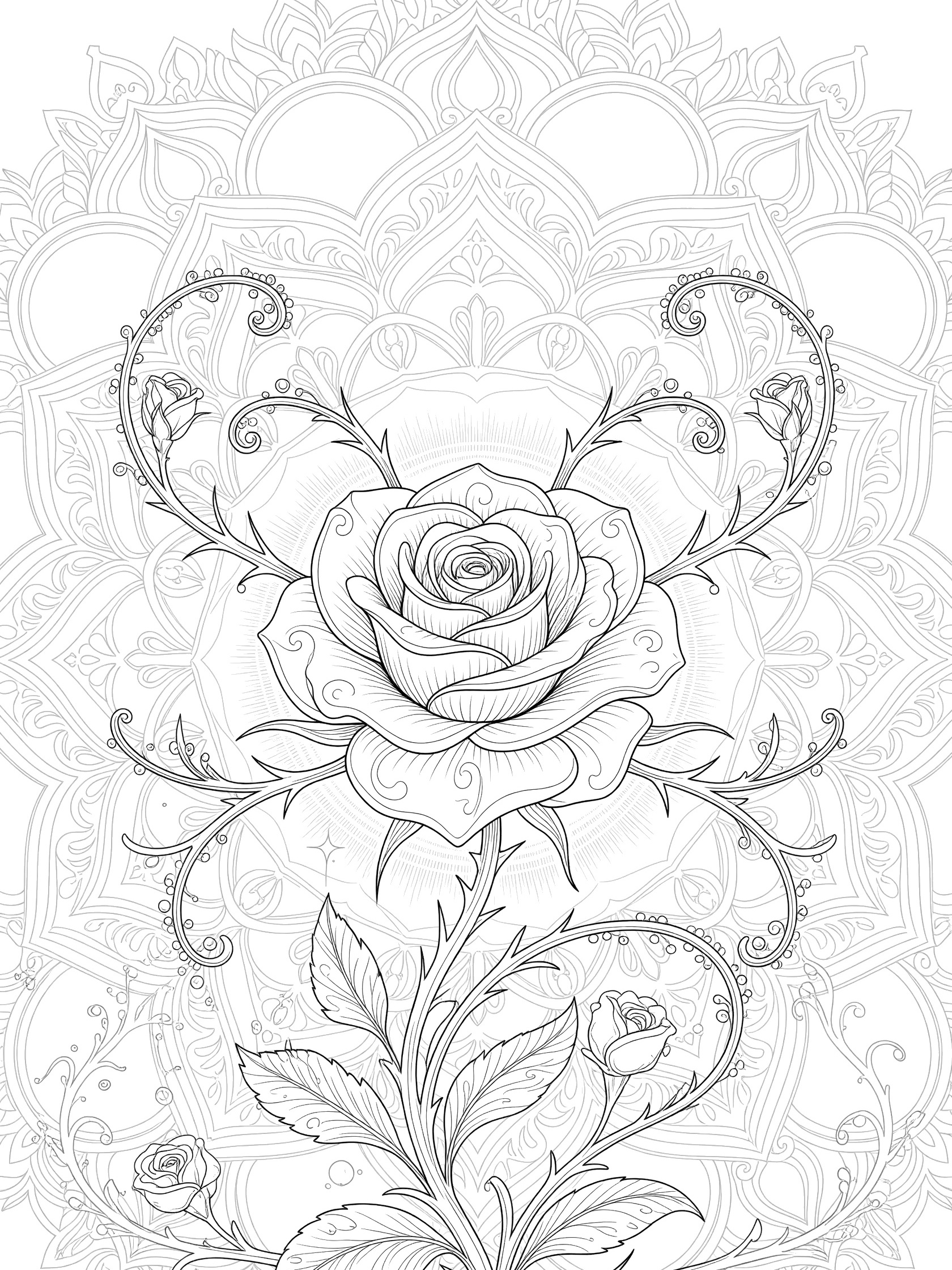 Black and white line art of a fantasy glowing rose in a symmetrical mandala design with layered petals, vines, thorns, and leafy details