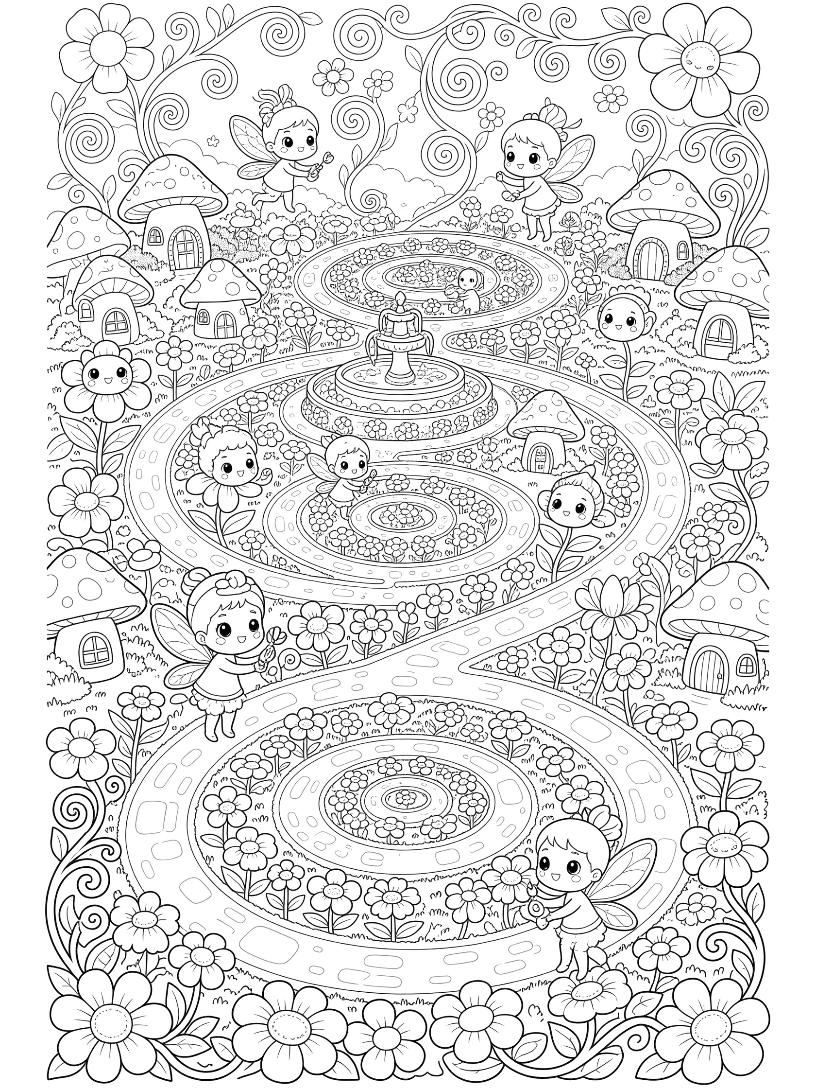 Black and white line art coloring page of spirals forming a fantasy garden with chibi fairies, blooming flowers, vines, mushroom houses, and a spiral fountain.