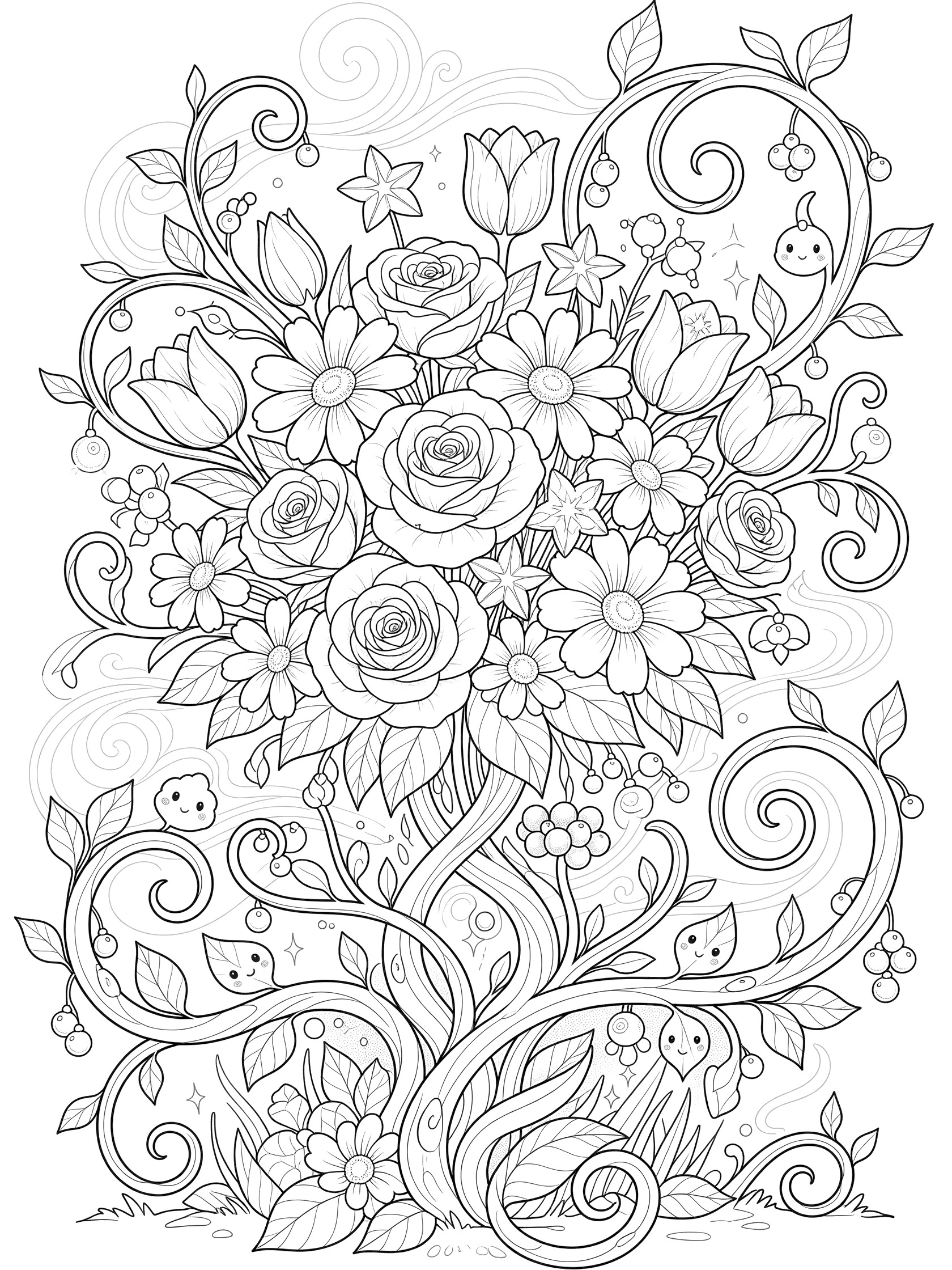 Black and white line art of a kawaii fantasy bouquet wrapped in playful twisting vines, featuring roses, daisies, tulips, star-shaped flowers, leaf faces, and berries.