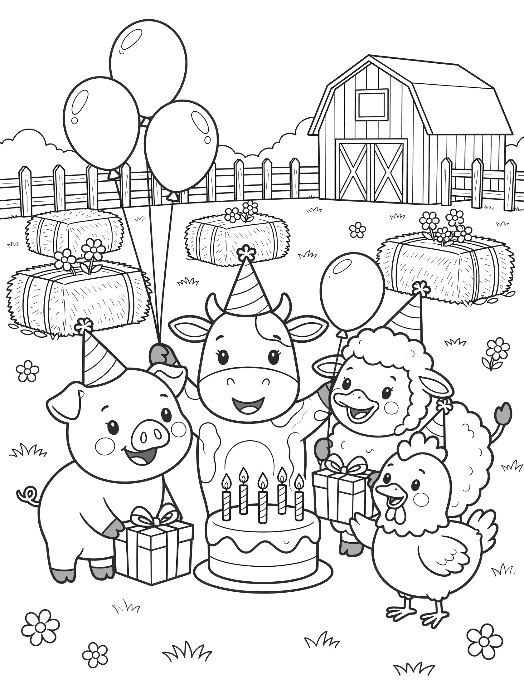 Black and white line art coloring page showing happy pig, cow, sheep, duck, and chicken in party hats around a 4th birthday cake, holding balloons and gifts, with farm barn and fence.