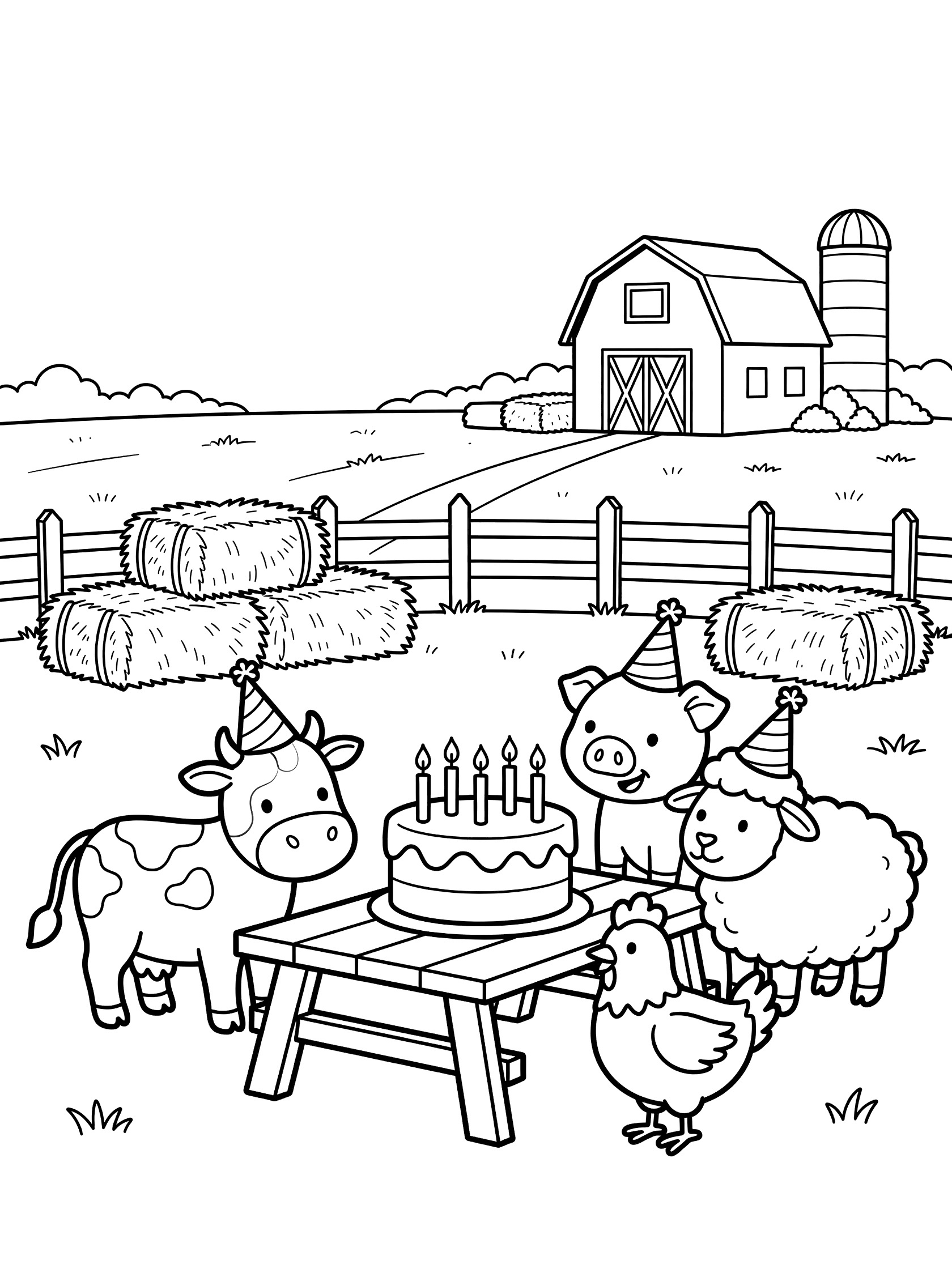 Black and white line art of cow, pig, sheep, and chicken in party hats gathered at a picnic table with a round 5th birthday cake and five candles, wooden fence, hay bales, red barn, silo, and green fields.