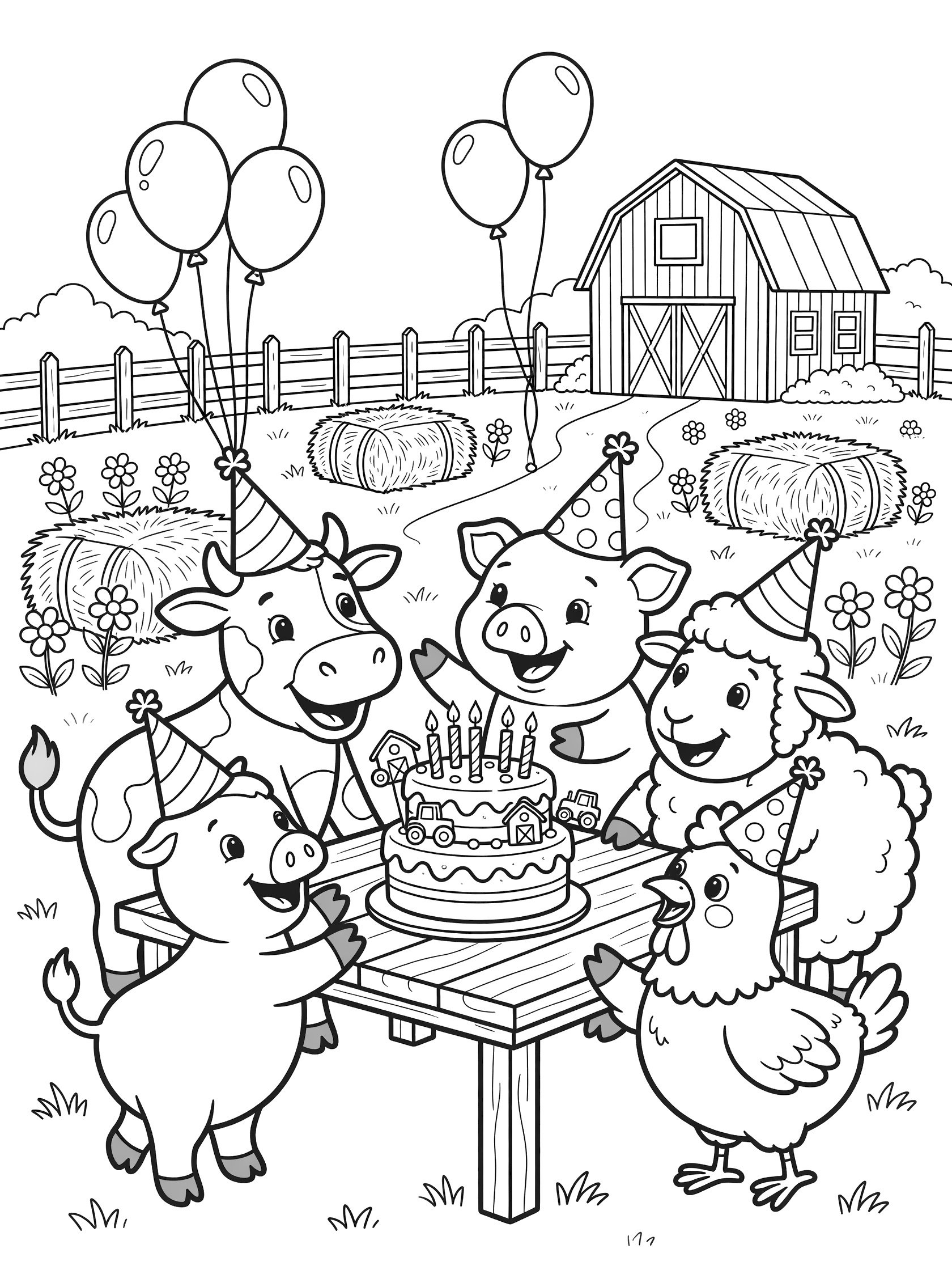 Cute cartoon farm animals with party hats celebrating a birthday around a tiered cake on a wooden table, with hay bales, red barn, fence, and balloons in the background.