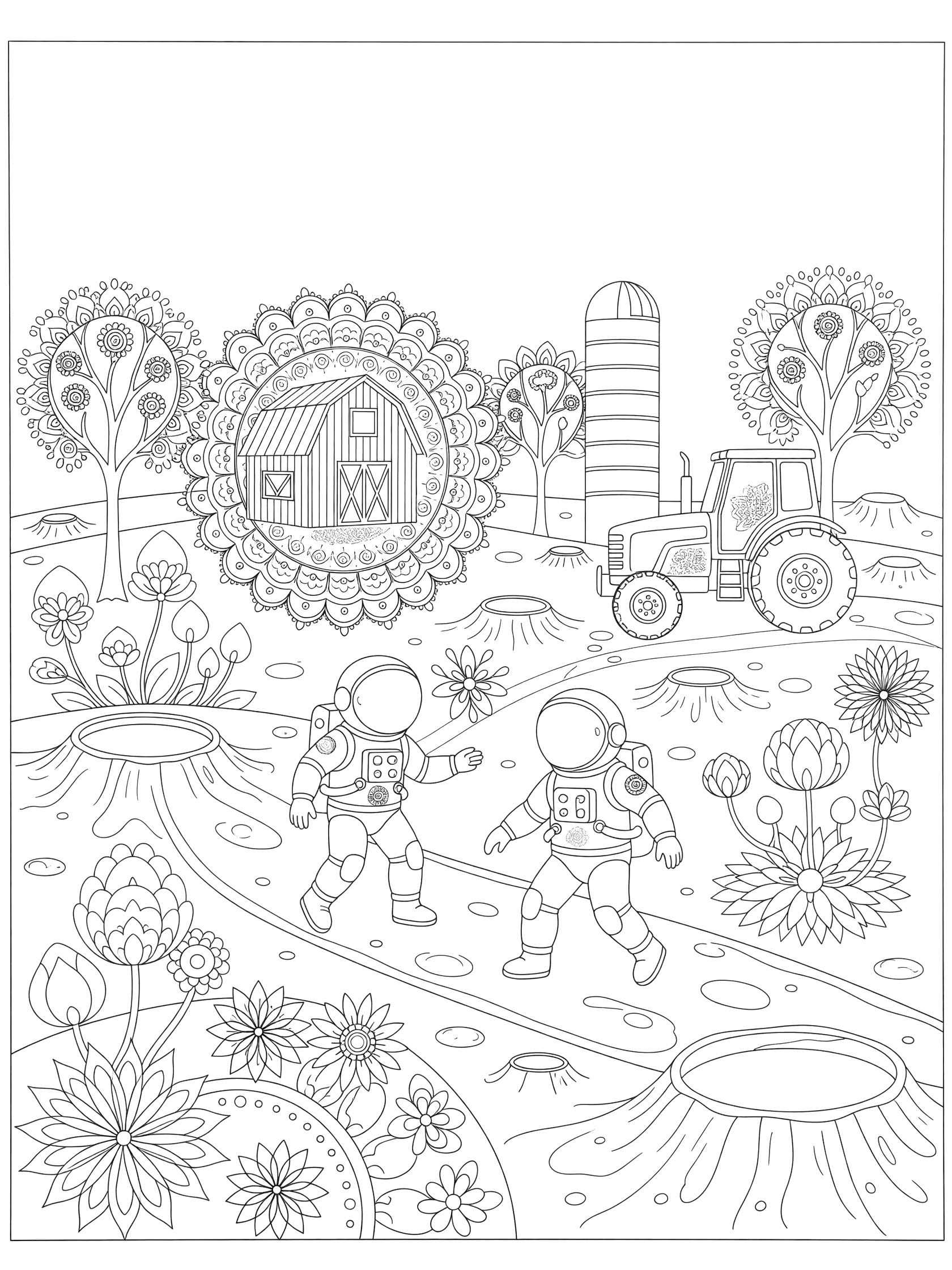 Astronaut moon walk coloring page featuring two astronauts walking on a moon-like farm path with barn, tractor, flowers, trees, and craters in mandala-lite style.