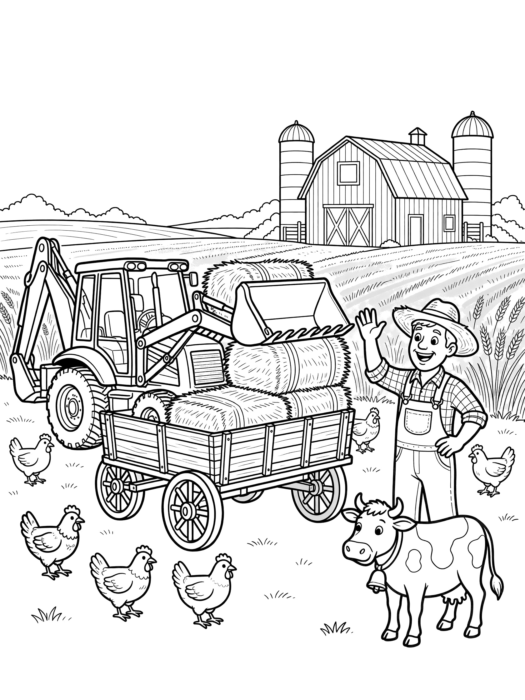 Line art coloring page showing a backhoe using its front bucket to lift hay bales toward a wooden wagon on a farm, farmer waving nearby, red barn, silos, chickens and cow visible.