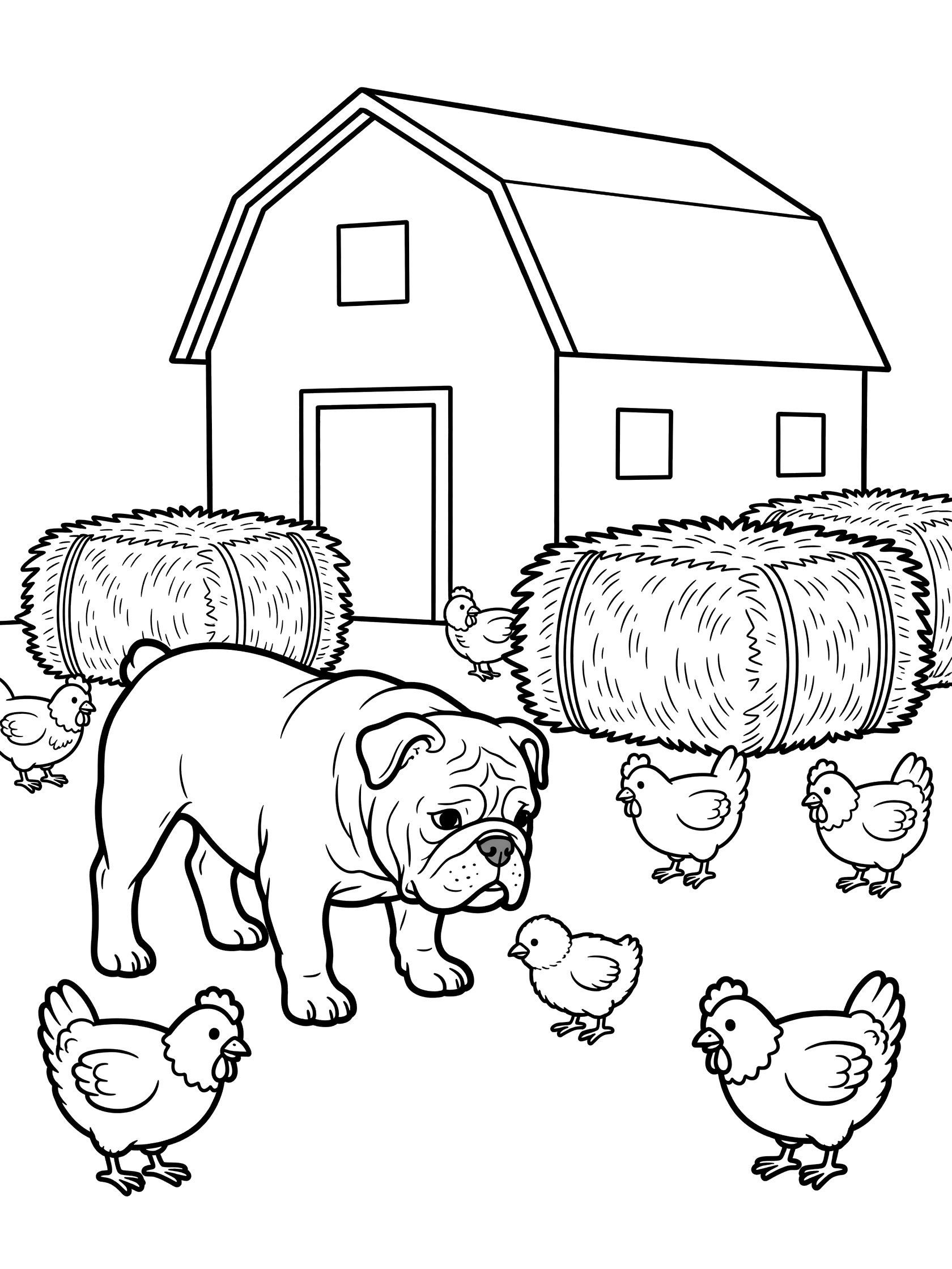 Black and white line art coloring page showing a bulldog standing near a barn with hay bales, surrounded by chickens and chicks on the ground.
