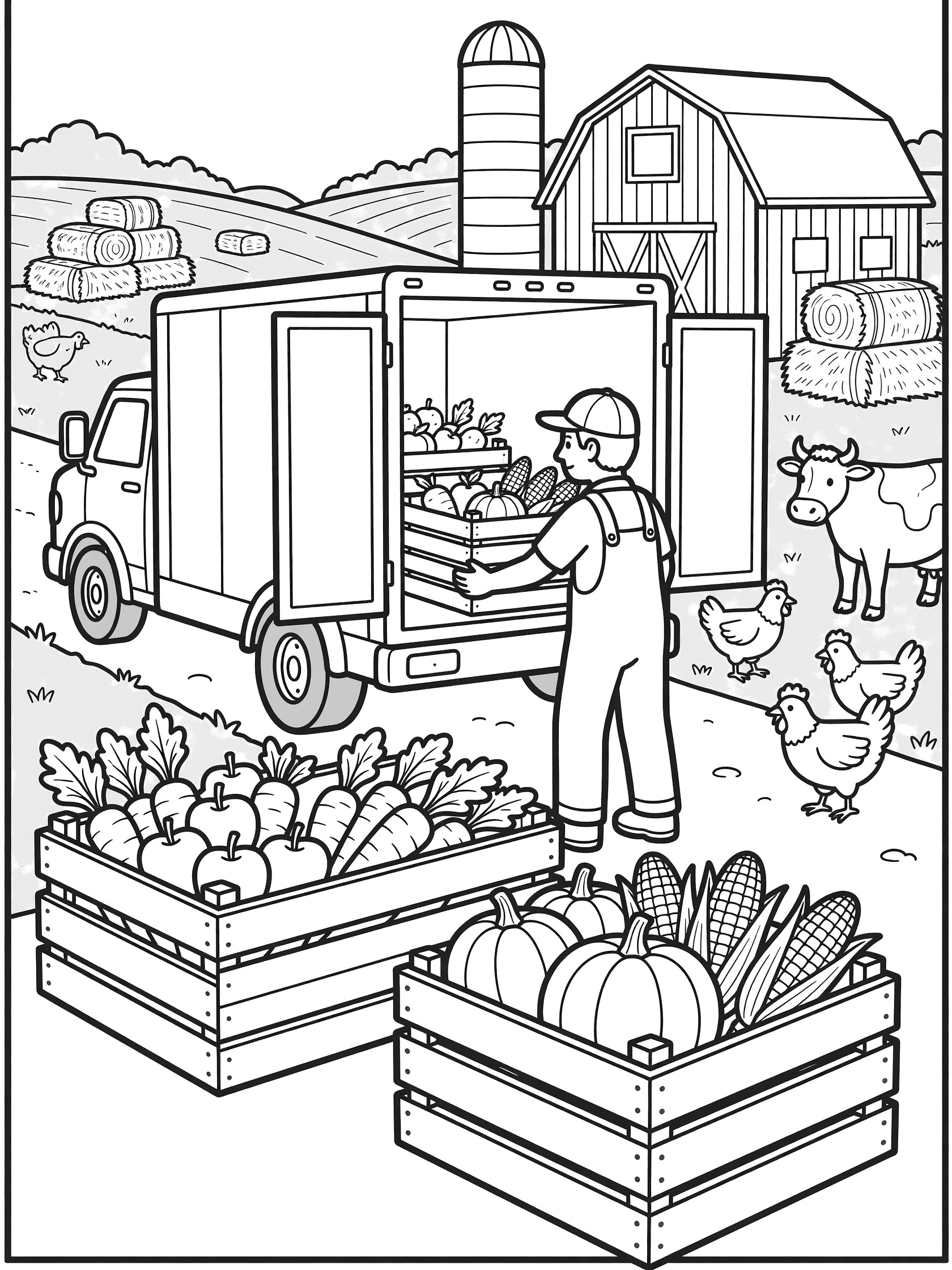 Black and white line art of a delivery truck parked on a dirt road at a farm, with open back doors, farmer unloading wooden crates of fresh produce like apples, carrots, pumpkins, and corn, red barn, silo, hay bales, chickens, and a cow in the background.