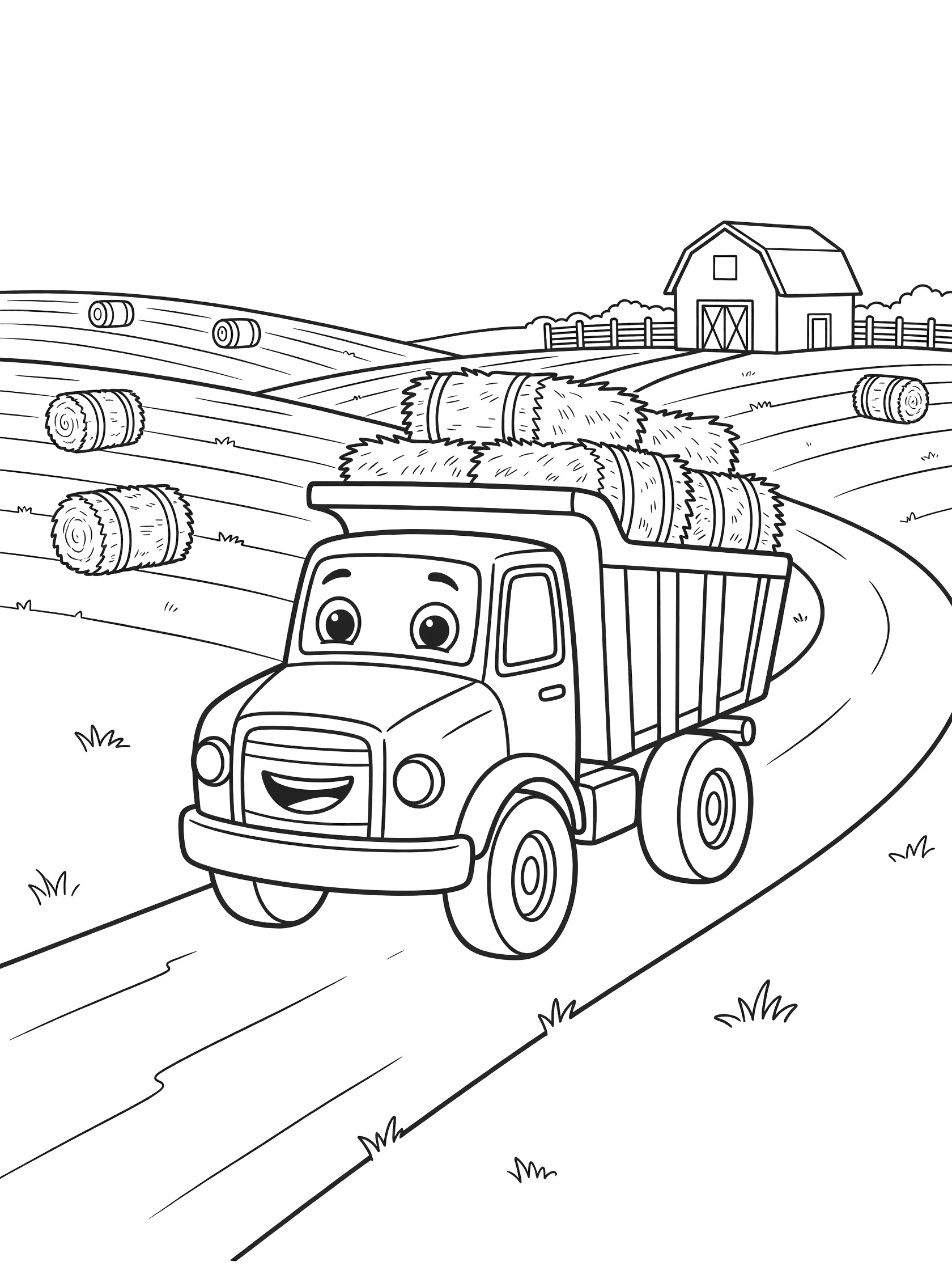 Black-and-white coloring page of a cheerful farm dump truck carrying stacked hay bales along a dirt road, with rolling fields, hay bales, red barn, and fence.