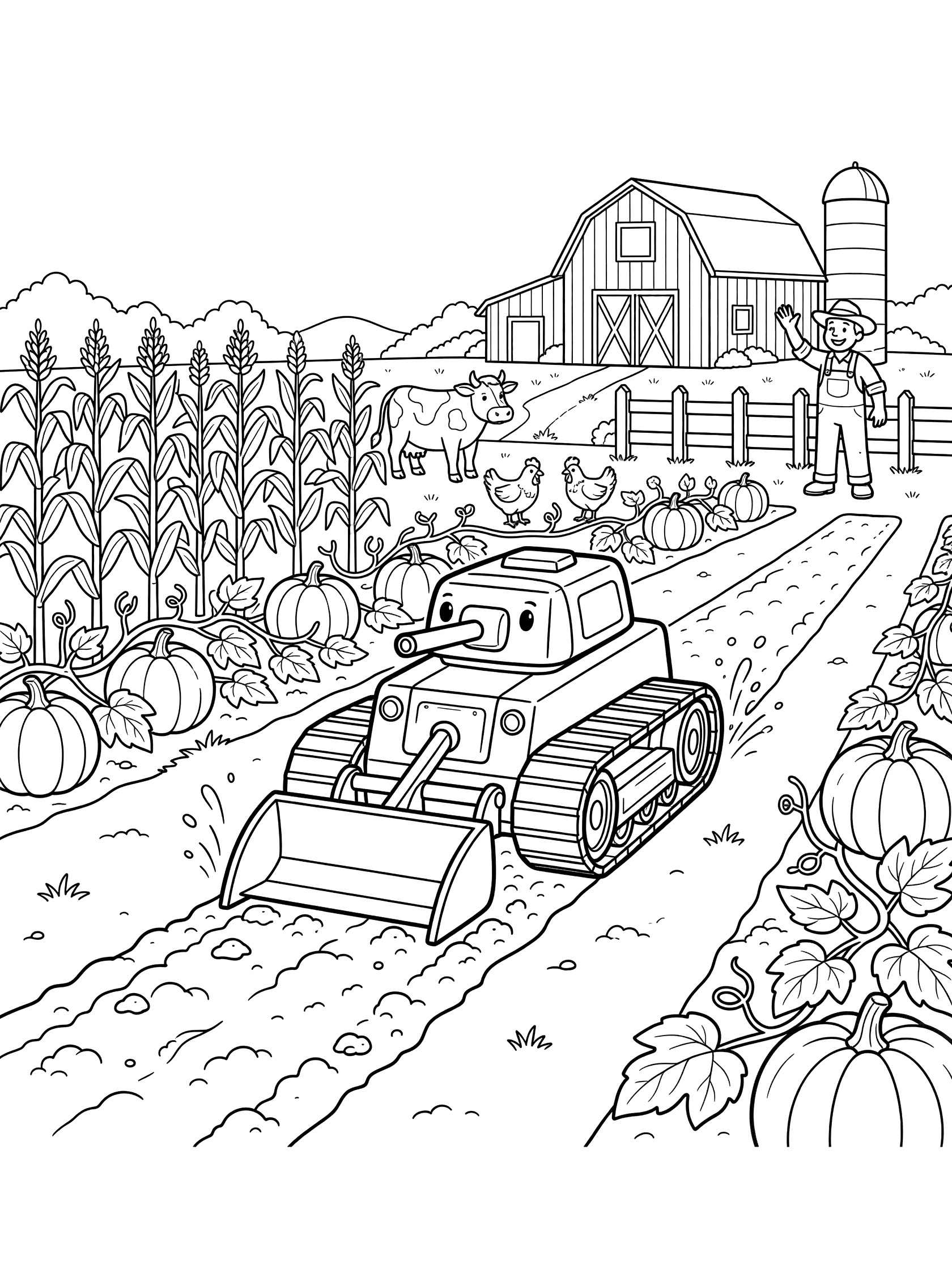 Line art coloring page showing a friendly farm helper tank plowing a furrow through a field with pumpkins and corn, surrounded by farm animals, red barn, silo, and a farmer waving from the fence.