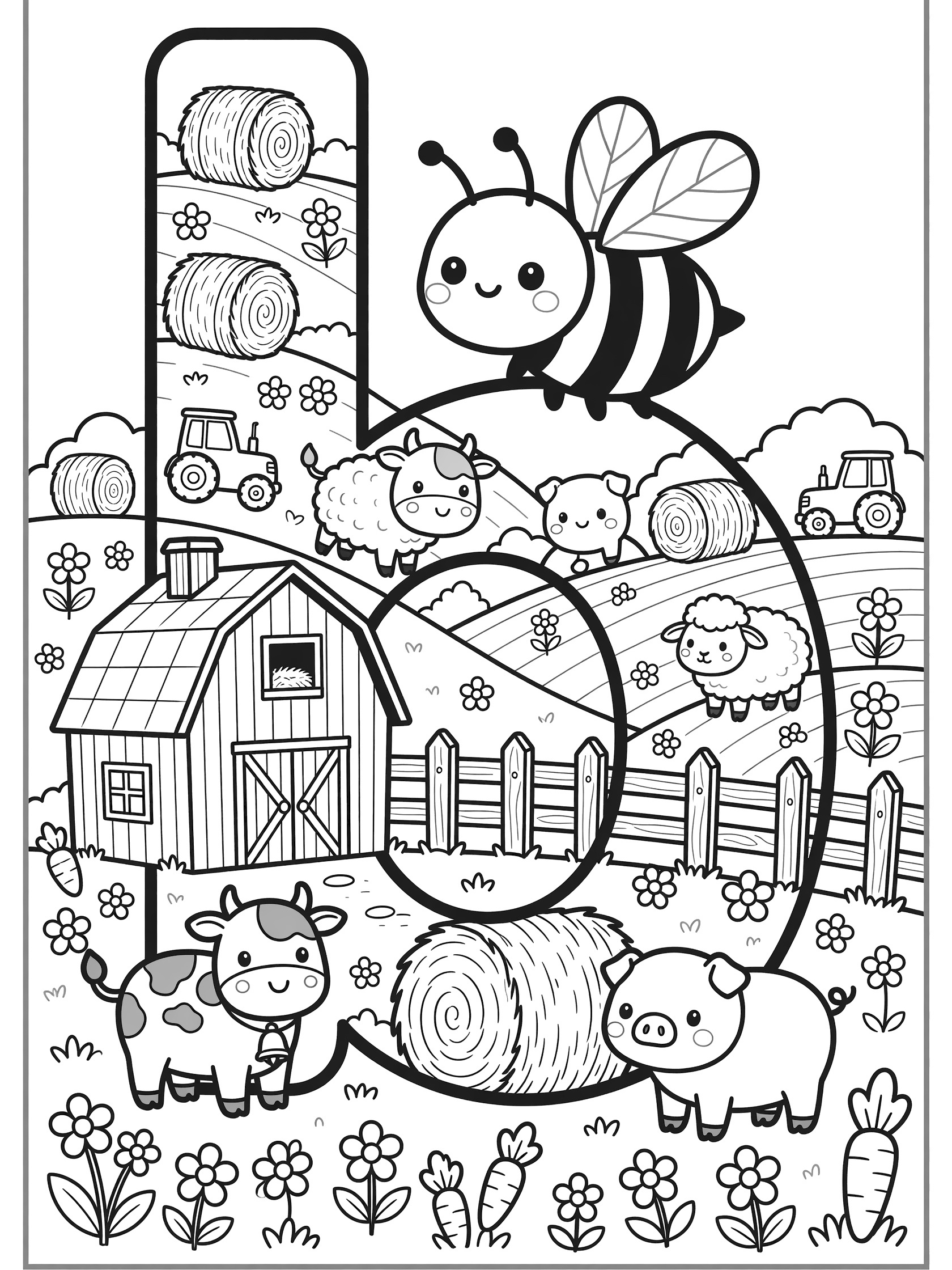Kawaii farm alphabet letter B coloring page featuring bumble bee flying near hay bales with cow, sheep, pig, barn and tractor.