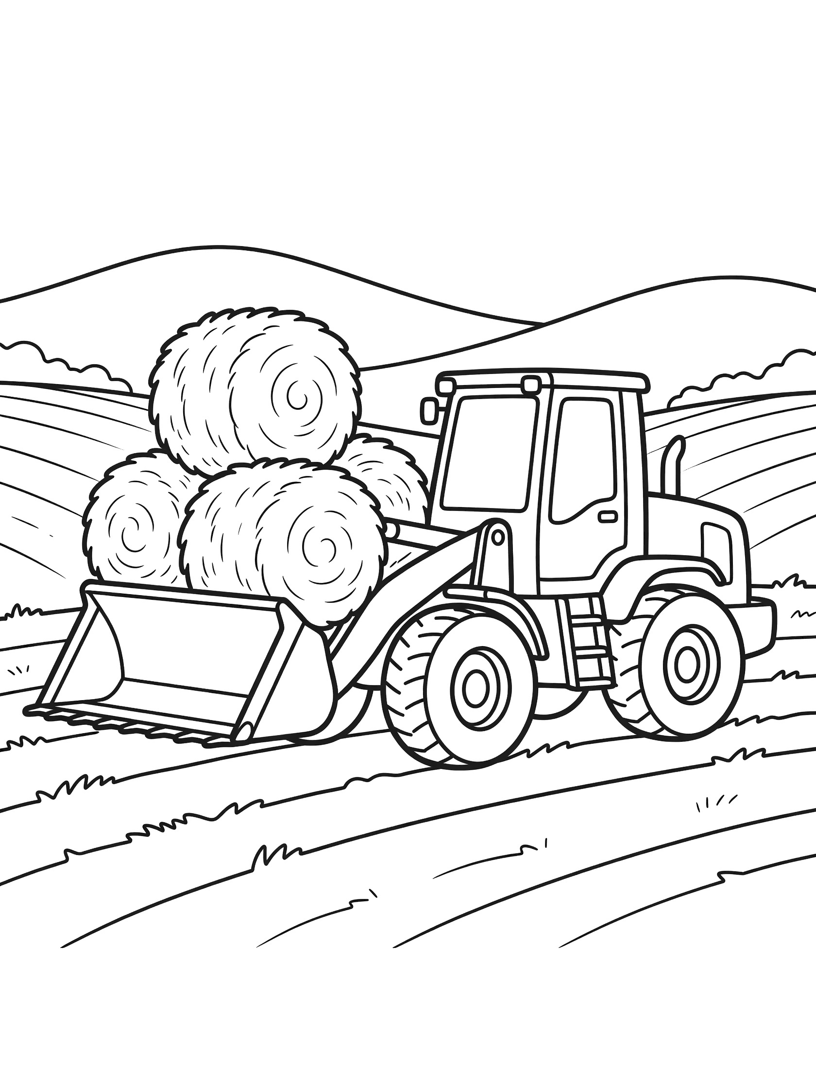 Black and white line art coloring page showing a wheel loader with round hay bales in its bucket on a farm field with hills in the background.