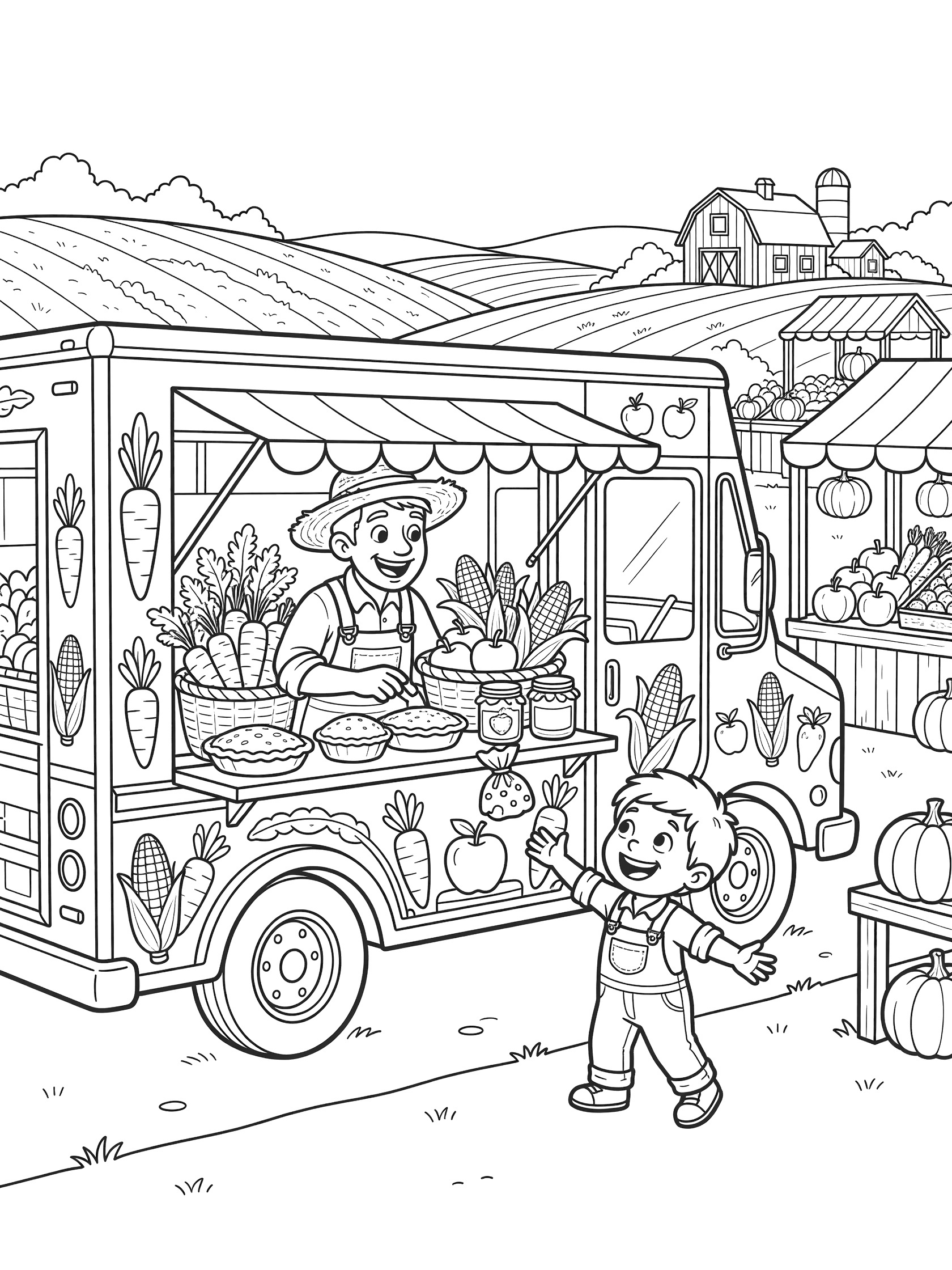 Black and white line art of a food truck at a farm market, overflowing with veggie baskets, farmer handing treat to child, market stalls, pumpkins, barn, and fields.