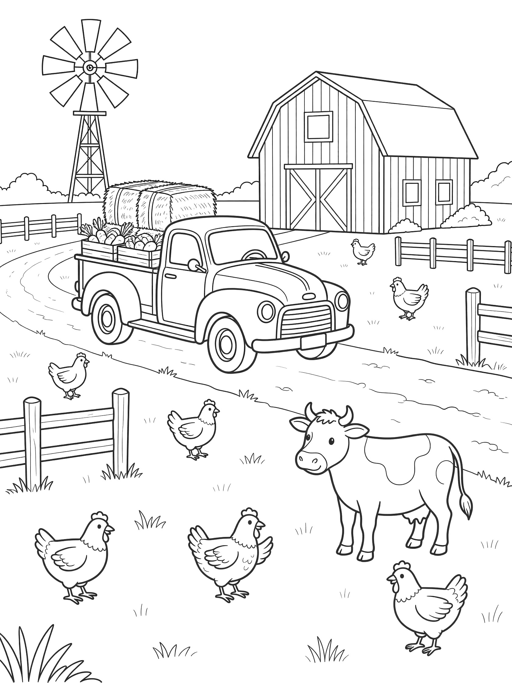 Black and white coloring page of a pickup truck on a farm path with hay bales, crates, cow, chickens, barn, fence, and windmill.