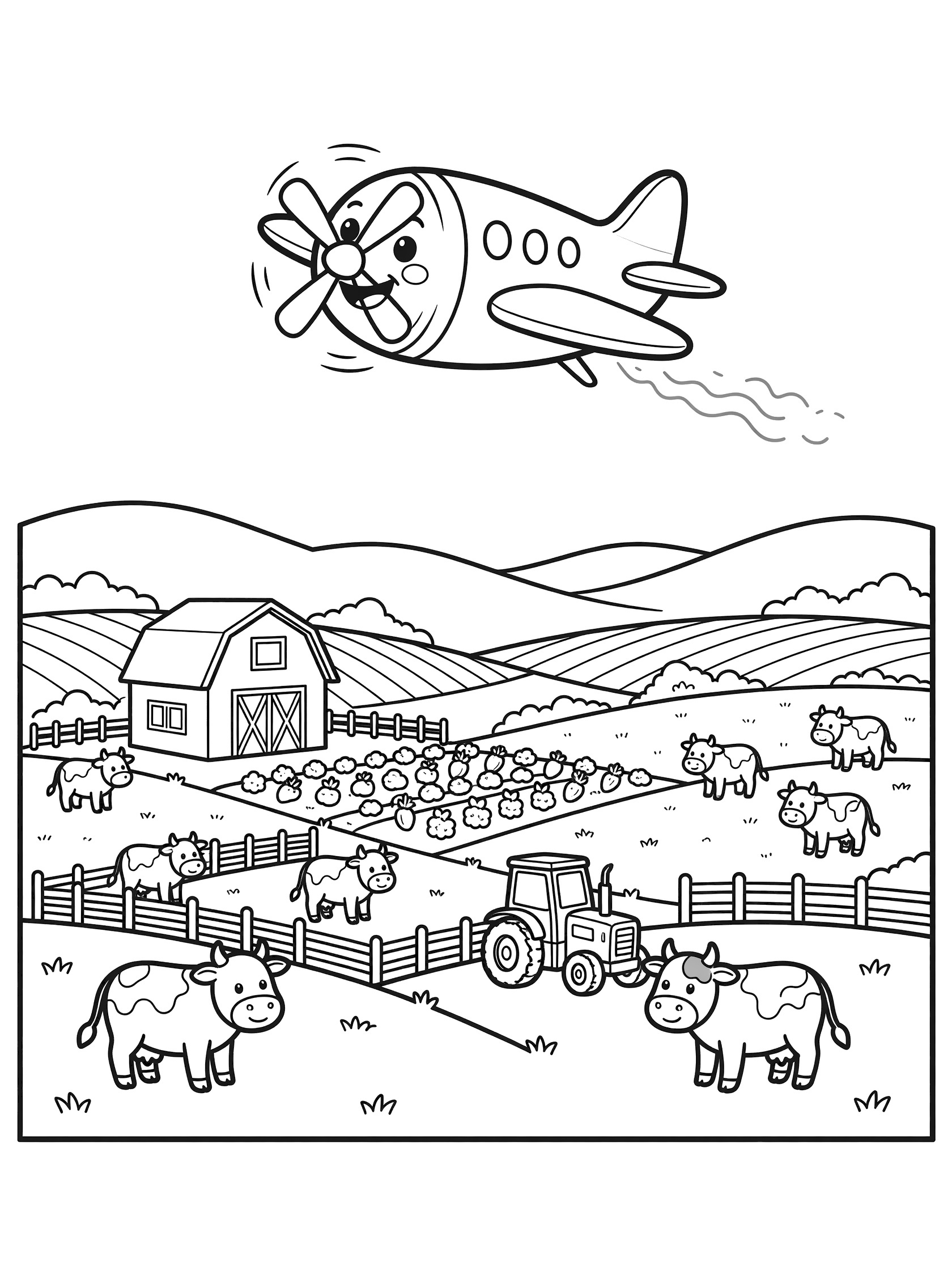 Black and white line art of a smiling propeller plane with spinning propeller crop-dusting over a sunny farm, red barn, cows, tractor, and rolling hills.