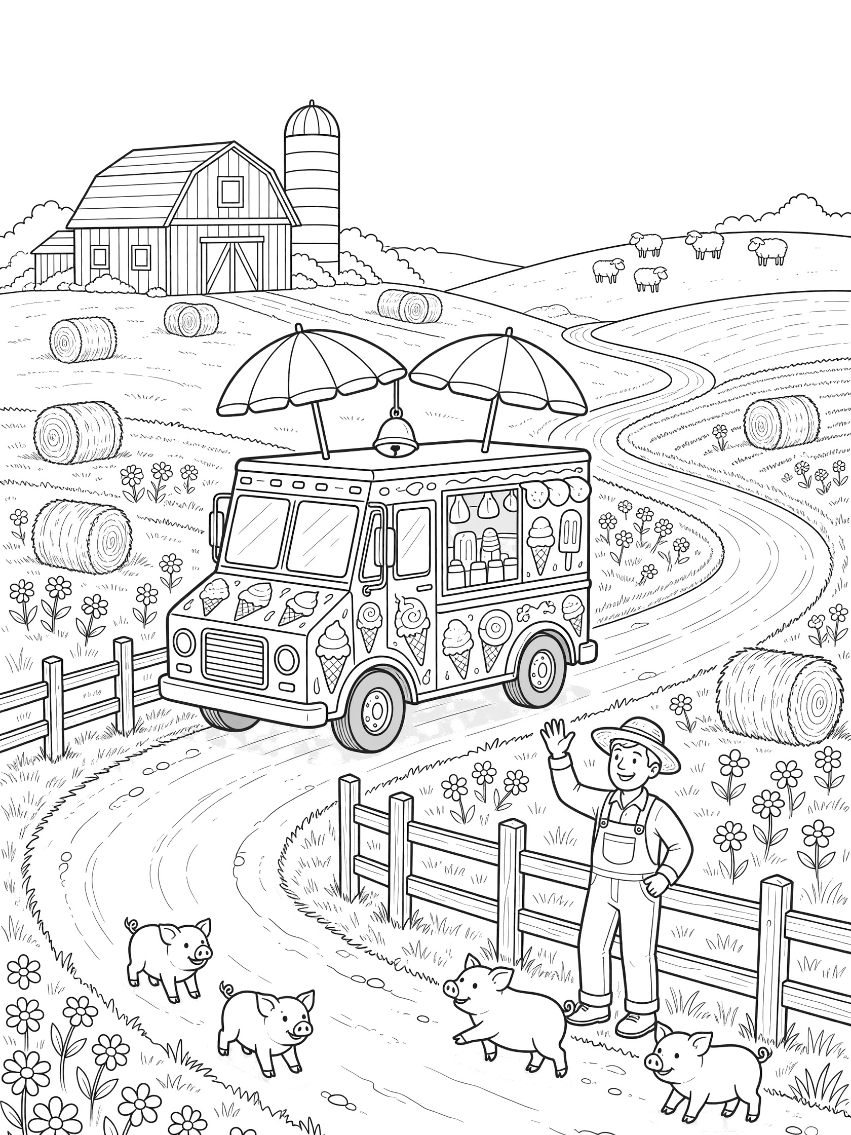 Black and white line art of an ice cream truck on a dirt farm road, surrounded by fields, hay bales, wildflowers, piglets, farmer at fence, barn, silo, and sheep.