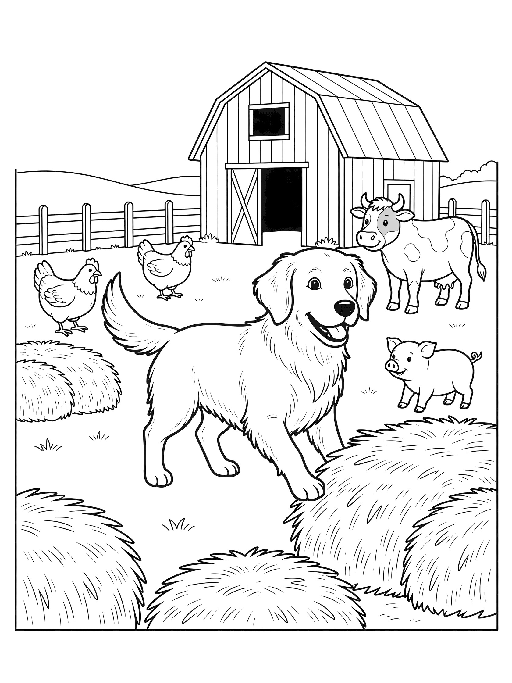 Black and white line art coloring page showing a golden retriever dog walking near hay bales with pigs, chickens, cow, barn and fence in farmyard