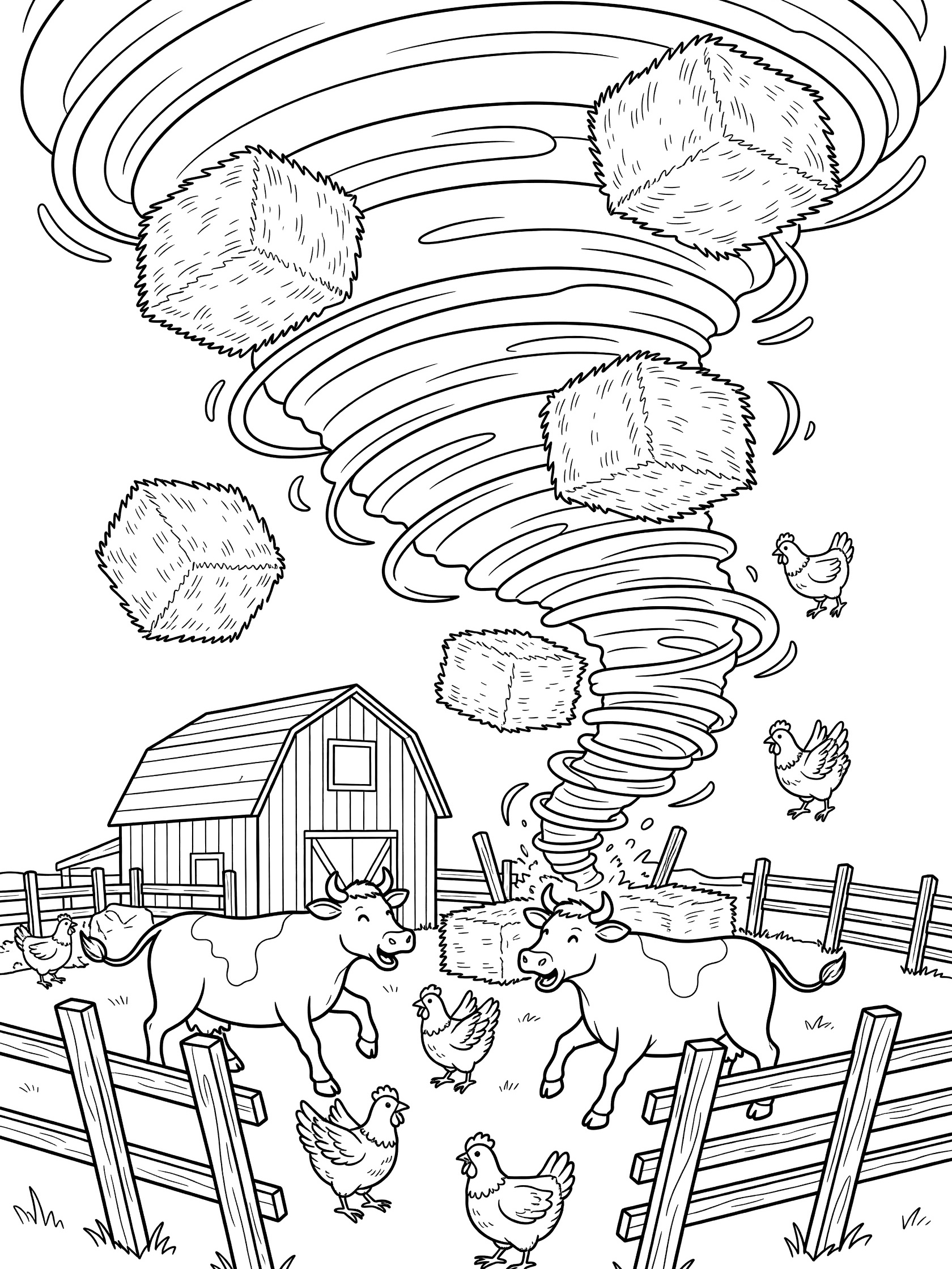 Black and white line art coloring page showing a tornado on a farm lifting square hay bales into the air with cows and chickens near a barn and leaning fence posts.