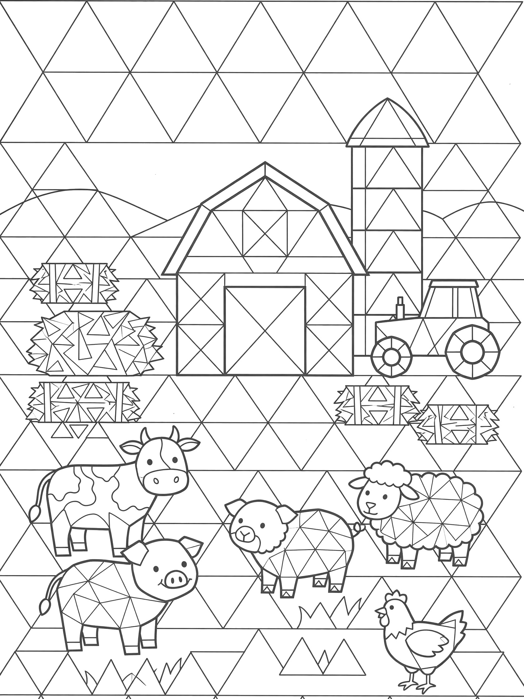 Black and white triangles farm scene coloring page showing barn, silo, tractor, hay bales, cow, pig, sheep, chicken and hills in geometric patterns.