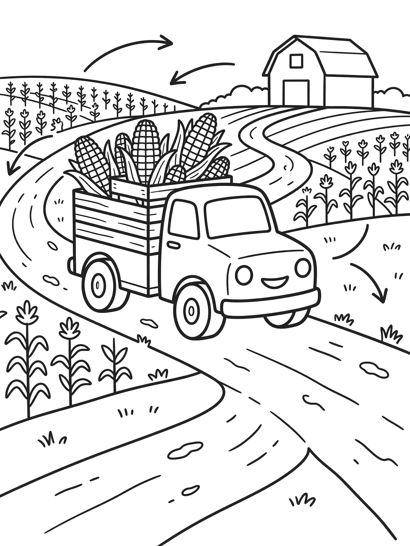 Black and white line art of a farm truck carrying overflowing corn crates on a curvy dirt road in a farm with cornfields and barn
