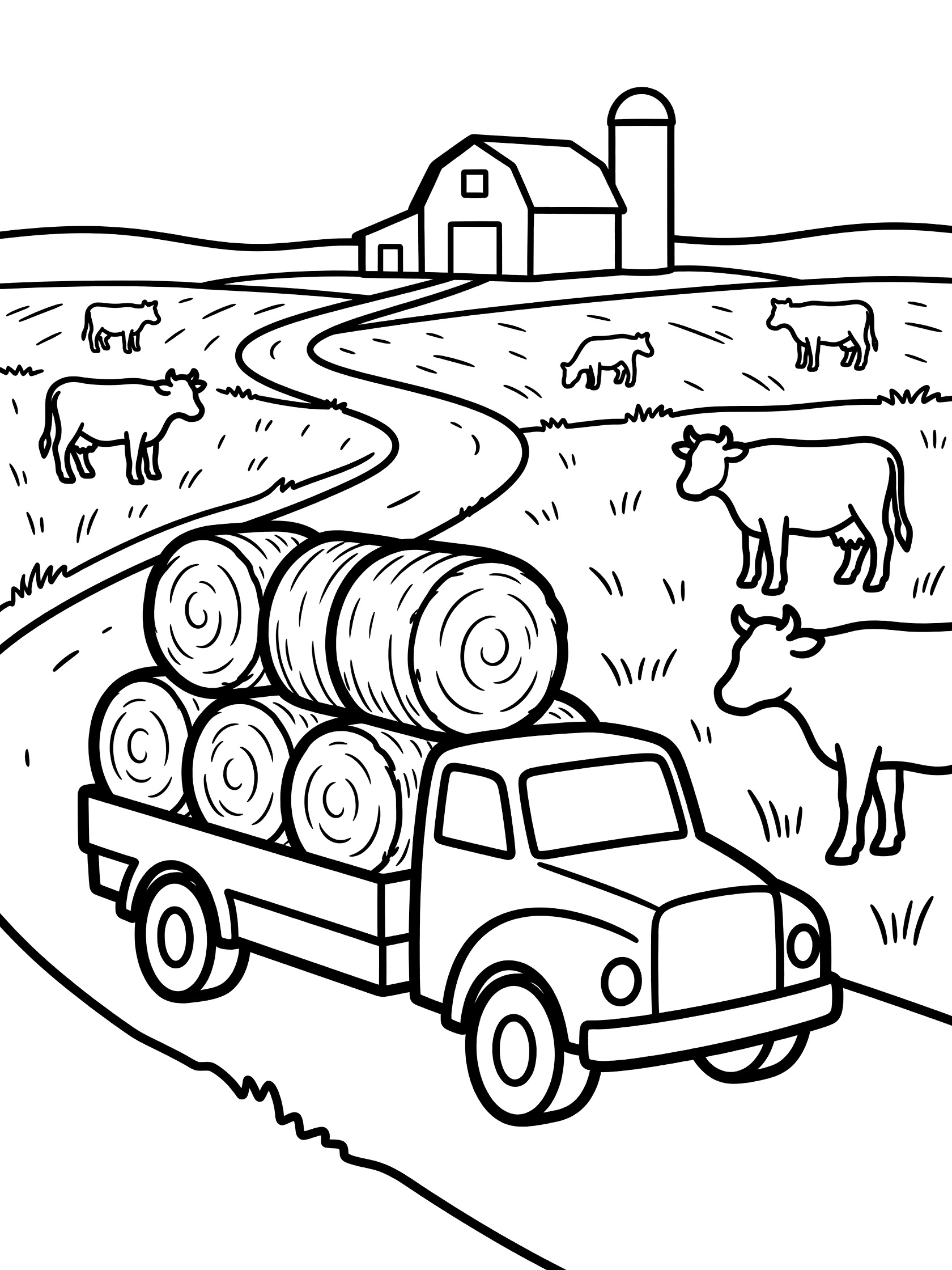 Black and white coloring page of a farm truck hauling stacked round hay bales on a flatbed, driving on a winding dirt road past grazing cows, golden wheat fields, barn and silo.