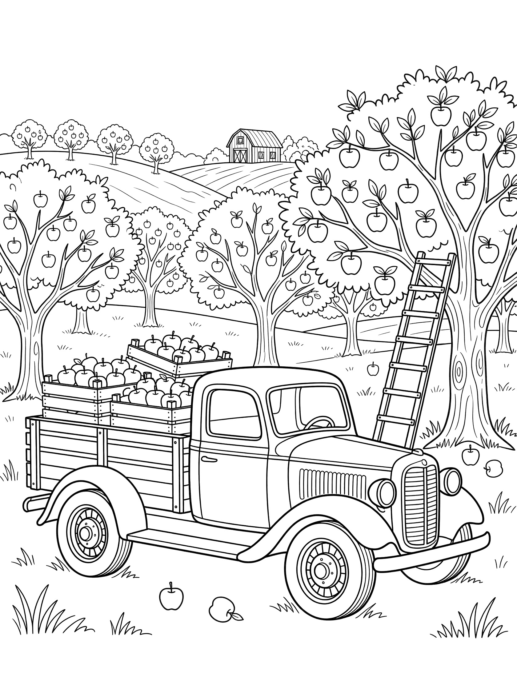 Black and white coloring page of a farm truck loaded with apple crates in an orchard with trees, ladder, fallen apples, hills, and distant barn.