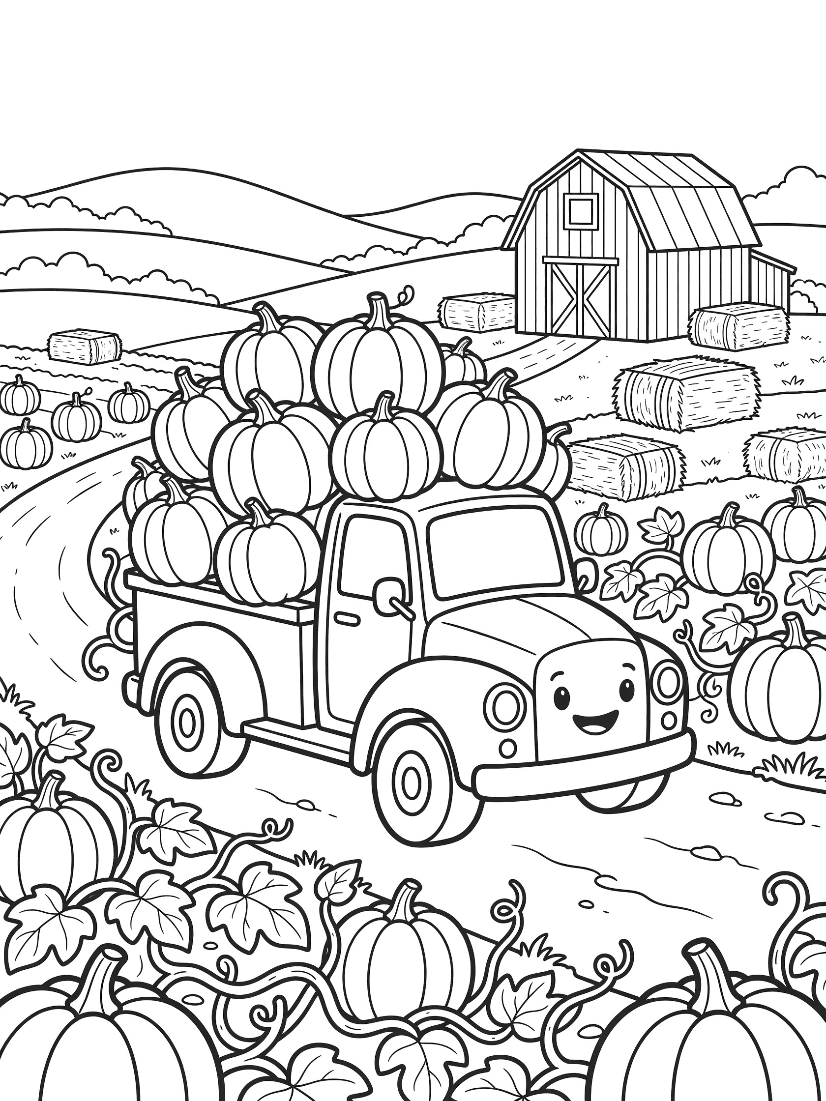 Black and white line art of a smiling farm truck loaded high with oversized pumpkins driving on a winding dirt road in a pumpkin patch with vines, red barn, hay bales, and hills.