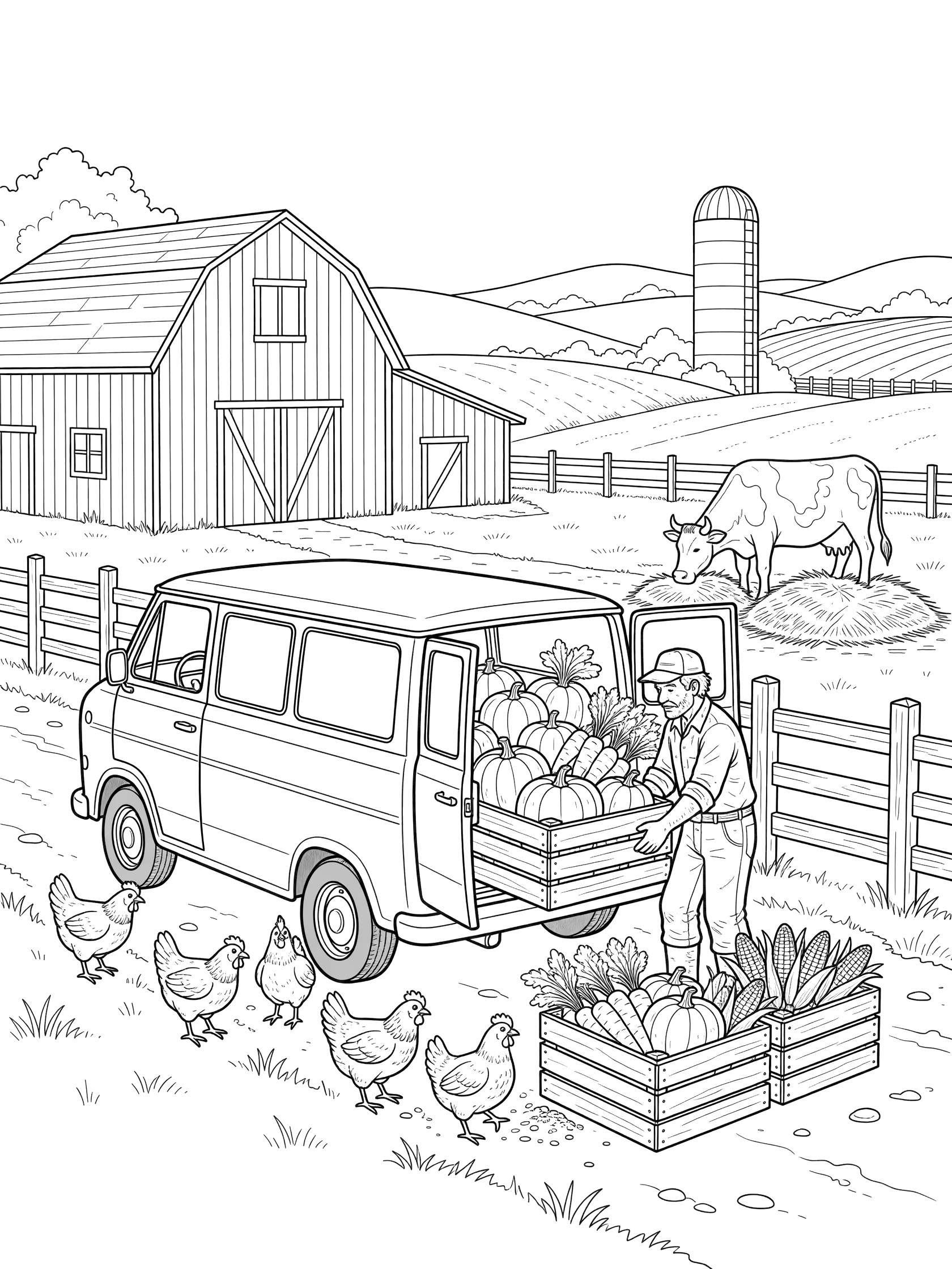 Black and white line art of a farm van with open doors, farmer unloading crates of pumpkins, carrots and corn, chickens, cow, barn and silo on a coloring page