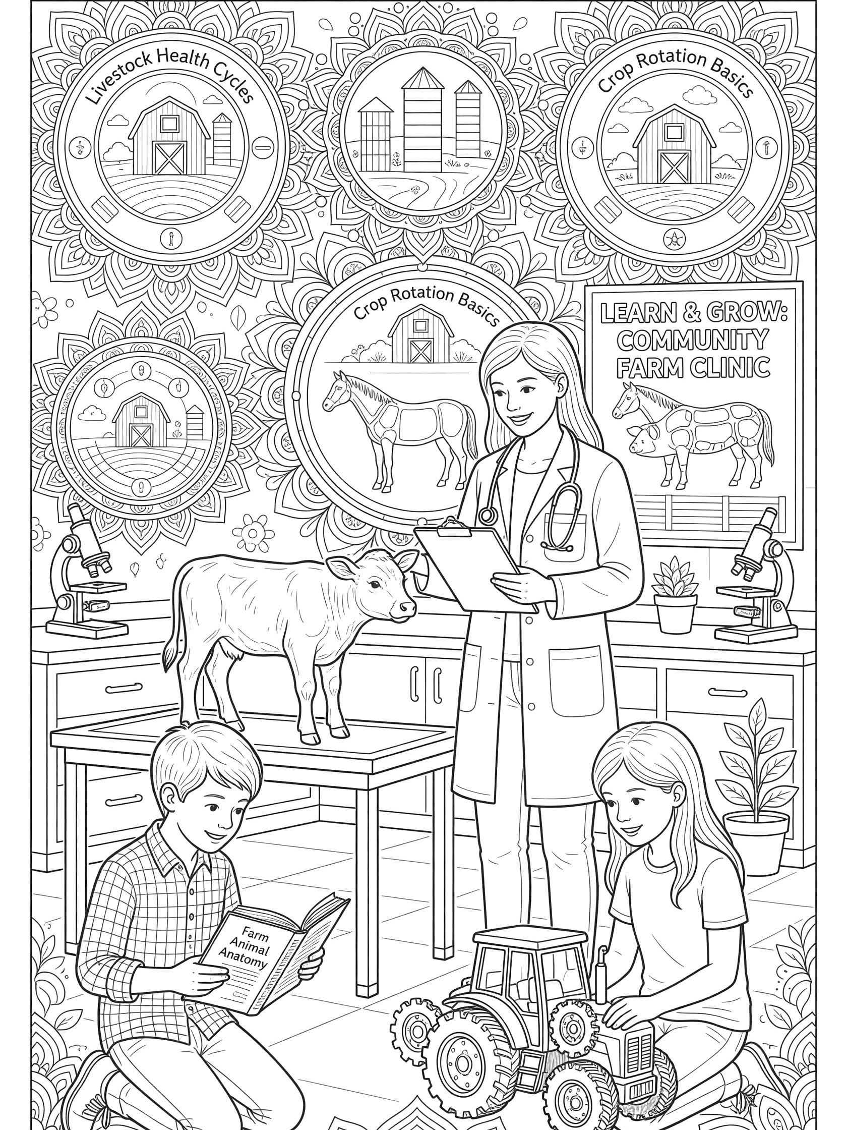 Black and white printable coloring page of a farm vet doctor clinic scene with animals, vet tools, and clinic details in mandala-lite style.