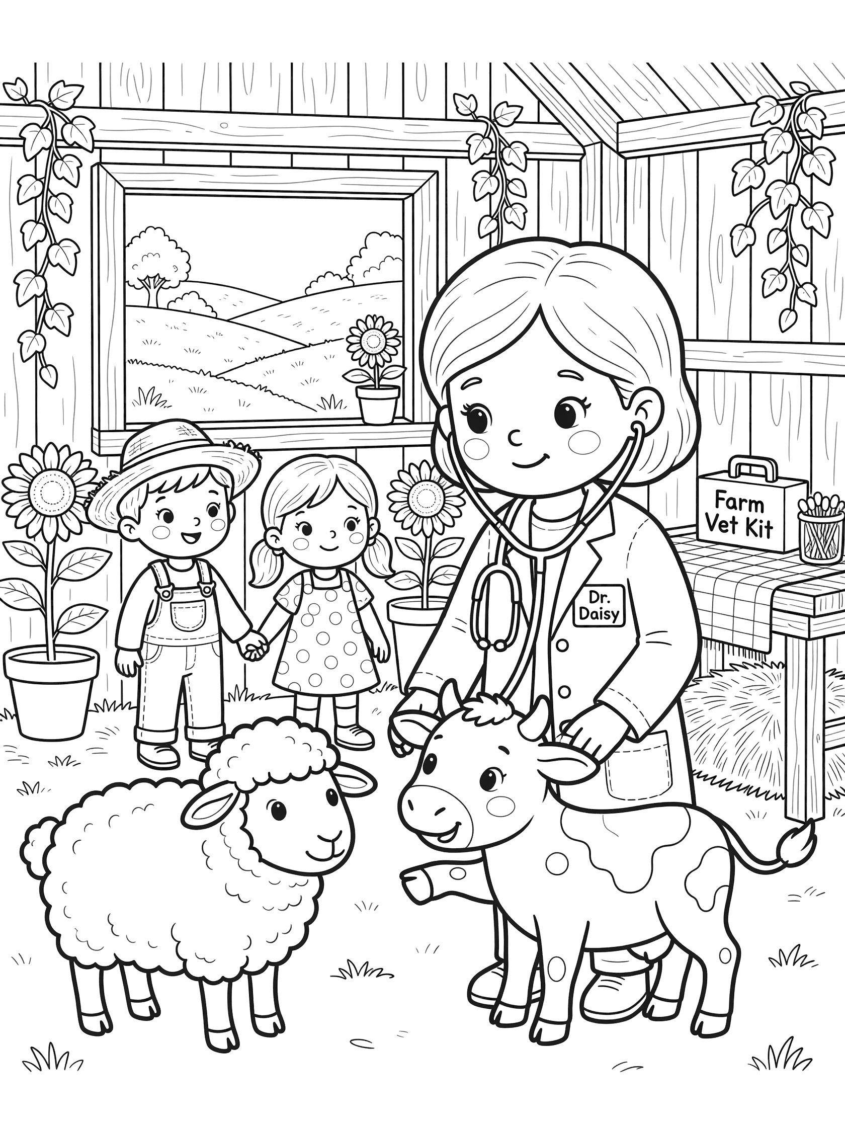 Black and white printable coloring page showing a smiling female farm vet doctor with stethoscope examining a calf and sheep in a barn clinic, with two children and farm tools.