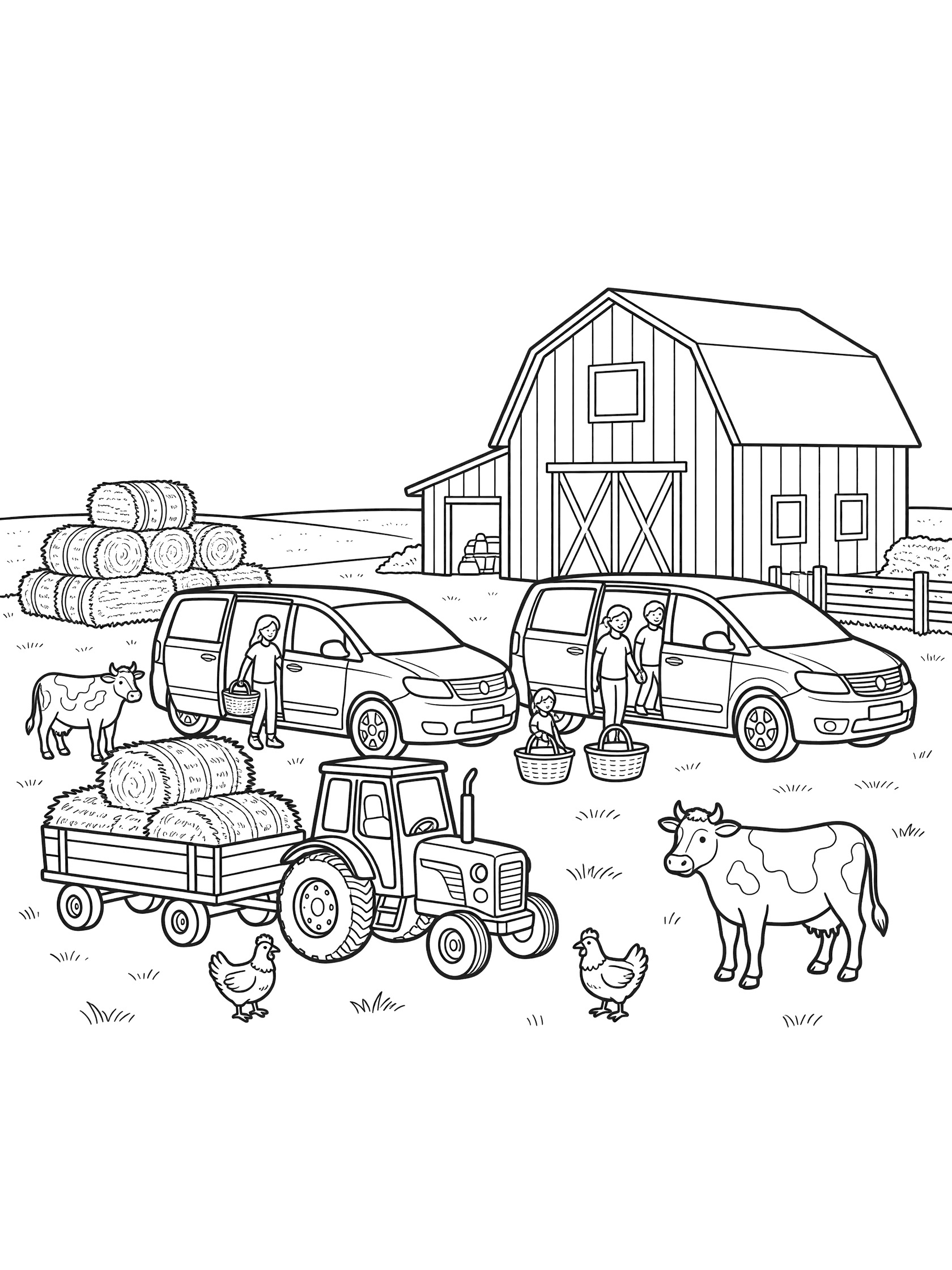 Black and white coloring page of minivans at a farm with open doors, family stepping out with baskets, red barn, tractor pulling hay wagon, cows, chickens, and hay bales.