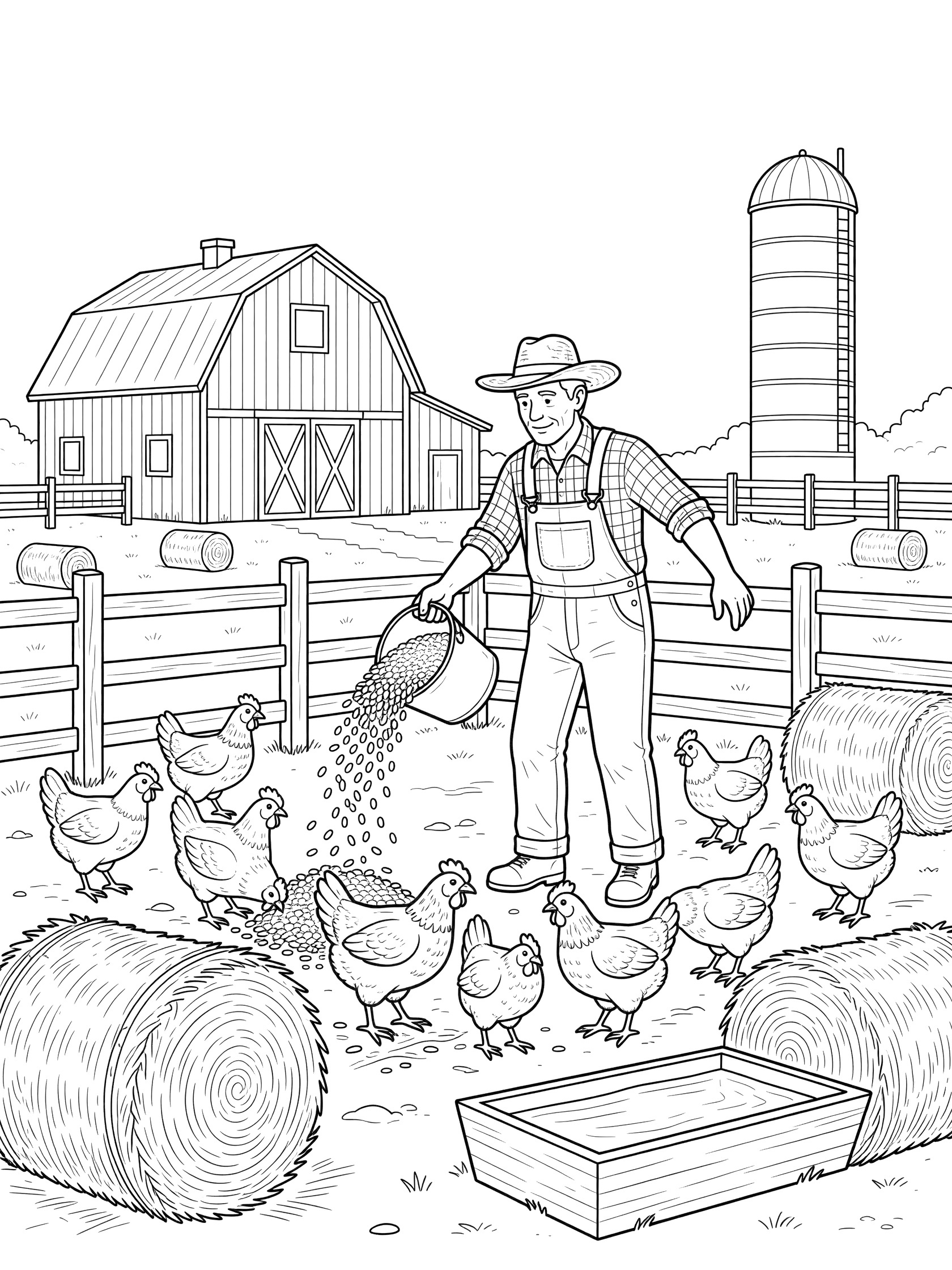 Line art coloring page showing a farmer in overalls and hat pouring feed from a bucket to a flock of chickens in a barnyard fenced area, red barn and silo behind, hay bales and water trough nearby.