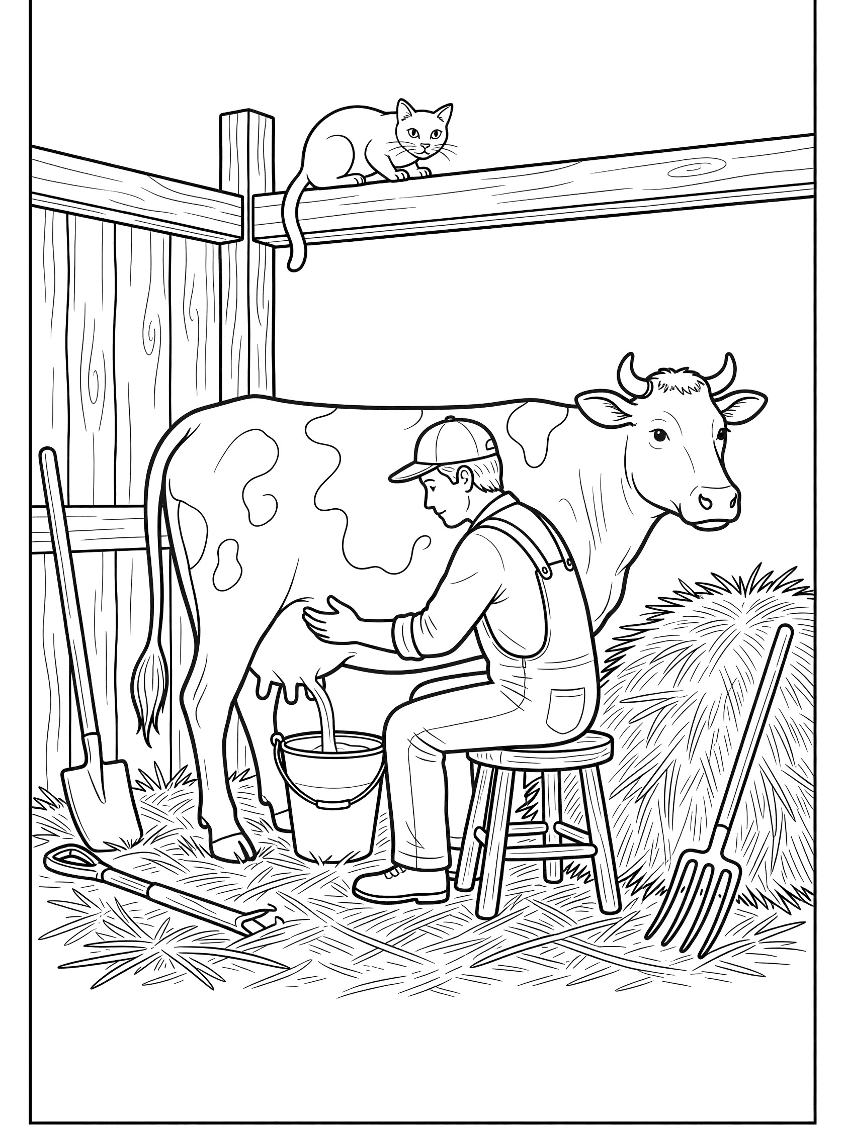 Line art coloring page showing a farmer in overalls sitting on a stool milking a spotted cow into a pail inside a barn with hay, tools, pitchfork and a cat watching from above