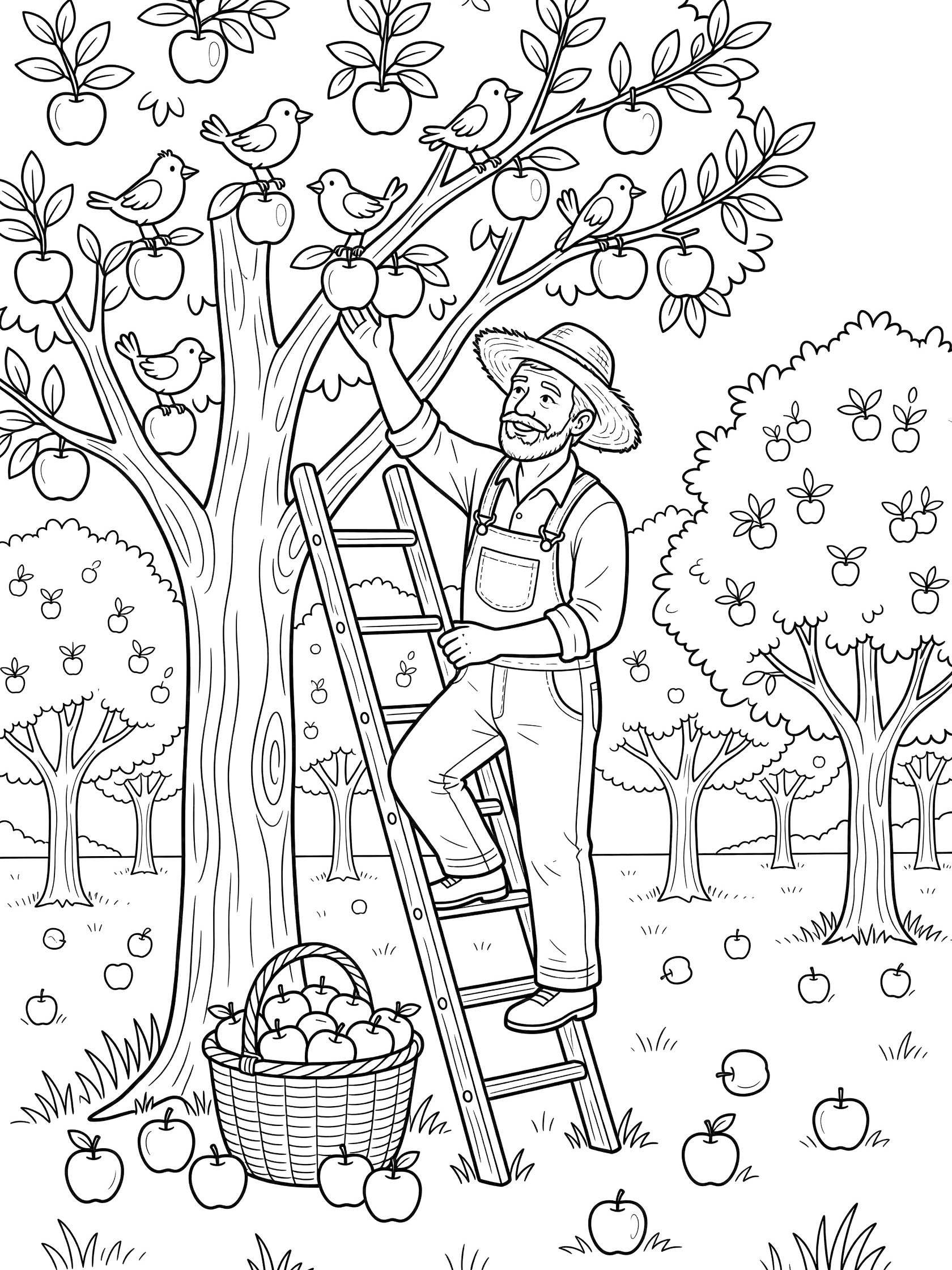 Black-and-white line art of a farmer on a ladder reaching for apples on a tree in an orchard, with birds, basket, and ground apples.
