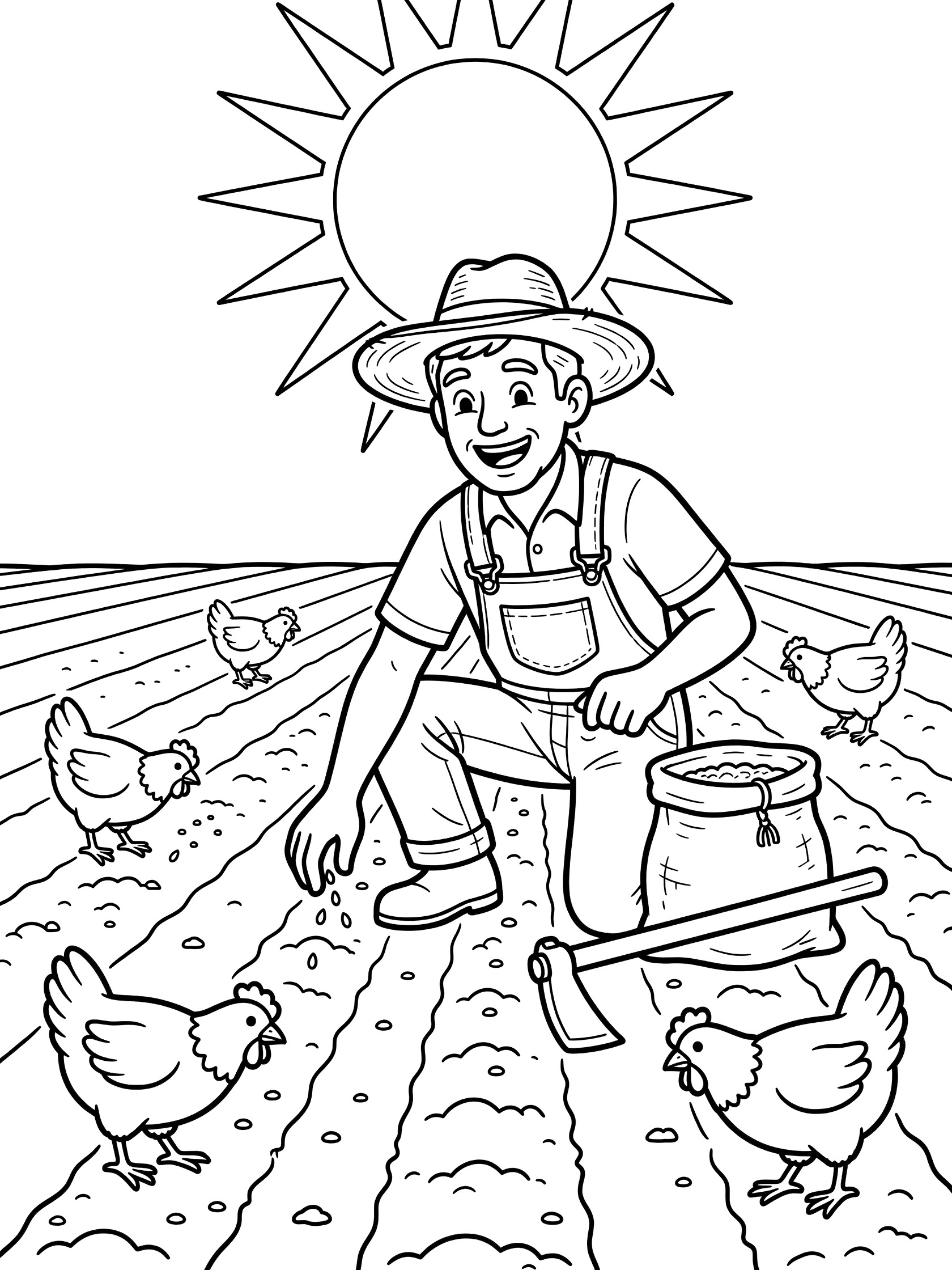 Black-and-white line art of a cheerful farmer in overalls and hat kneeling to plant seeds in field rows, with hoe, seed bag, chickens pecking, and sun above.