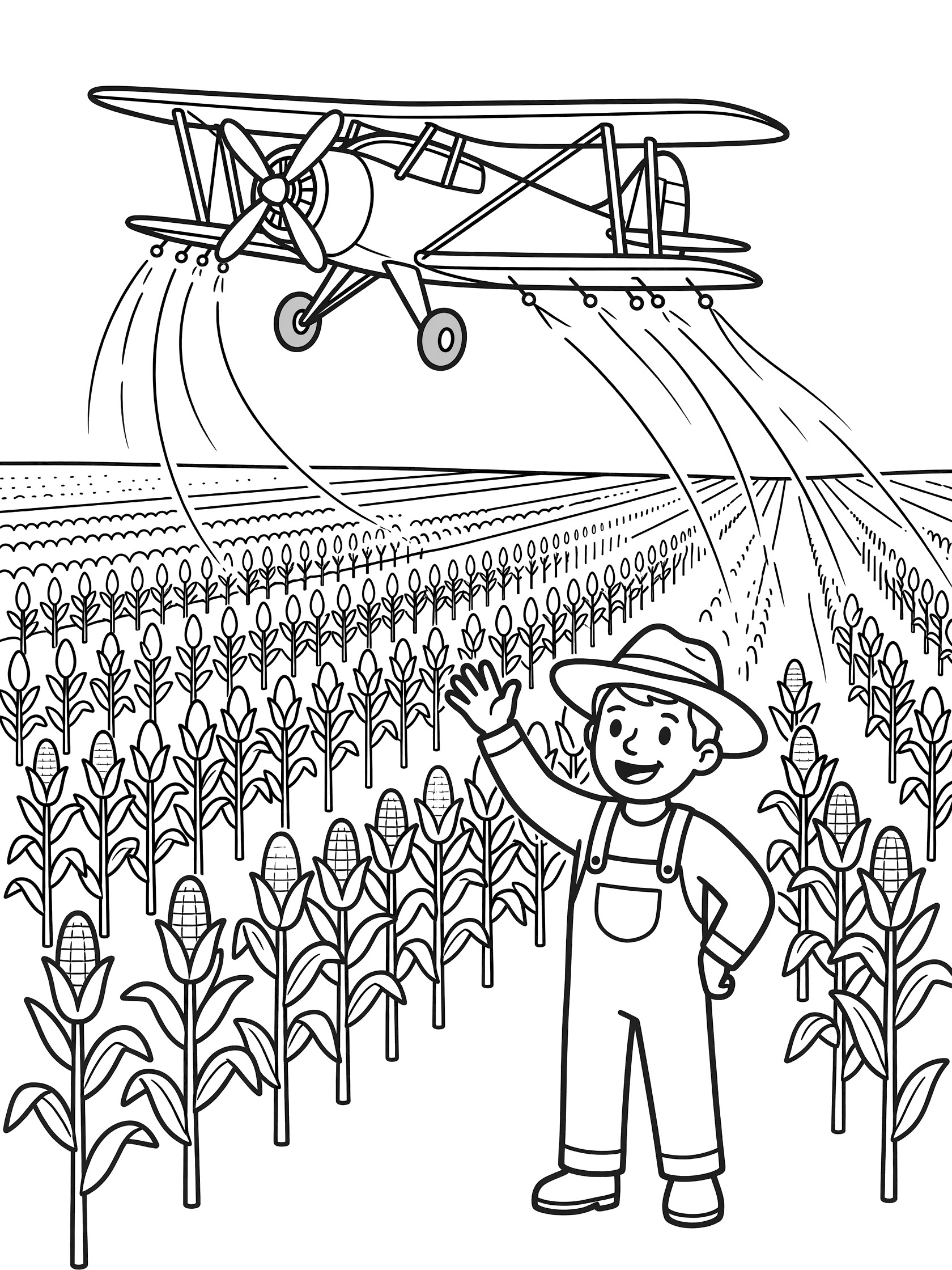 Black and white line art coloring page showing a biplane crop duster spraying over corn field rows with a smiling farmer in overalls and hat waving from the field.
