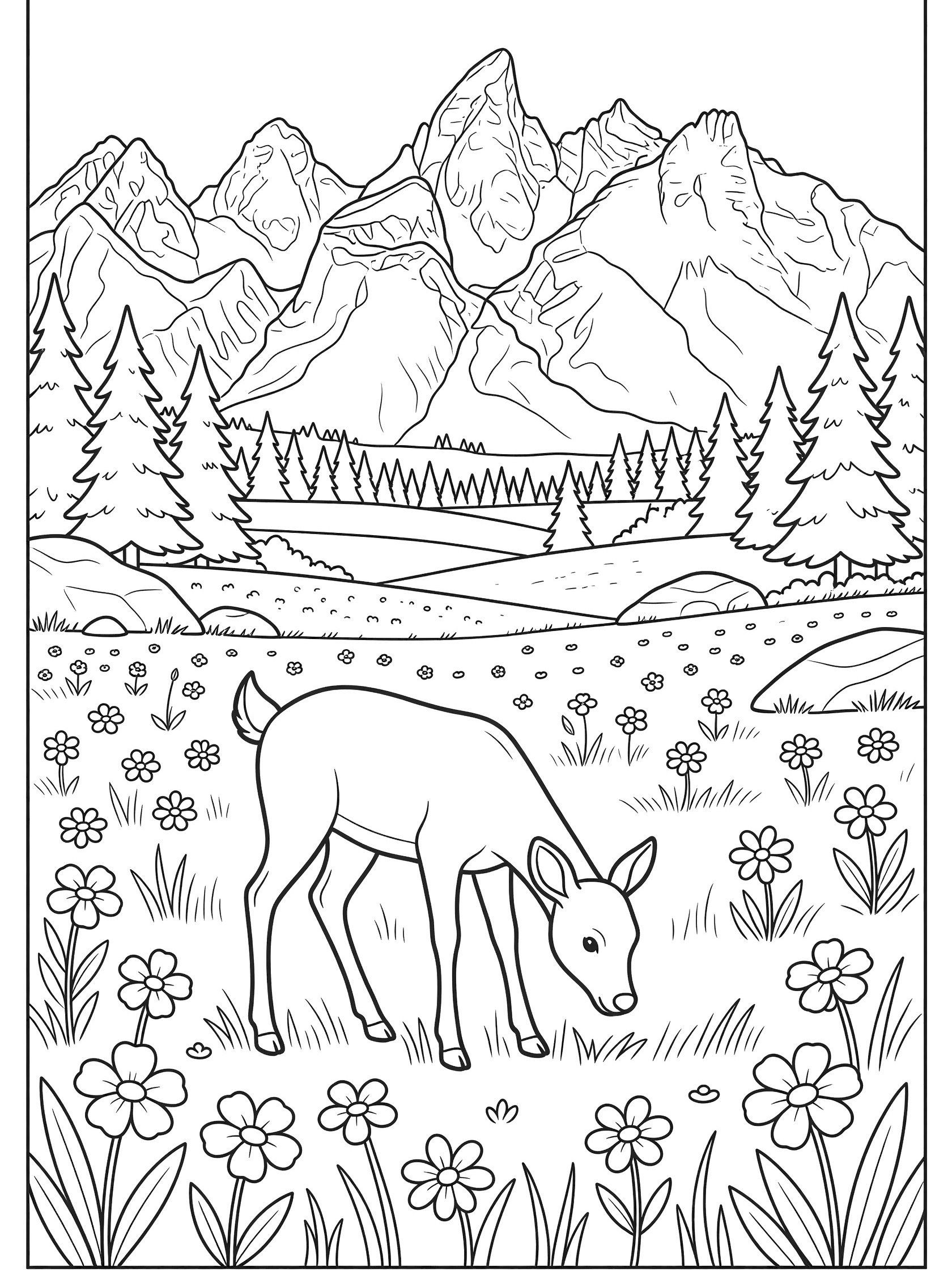 Black and white line art coloring page showing a young deer fawn eating grass in a meadow with wildflowers, pine trees, rocks, a stream, and jagged mountains behind. Grand Teton themed black and white printable line art