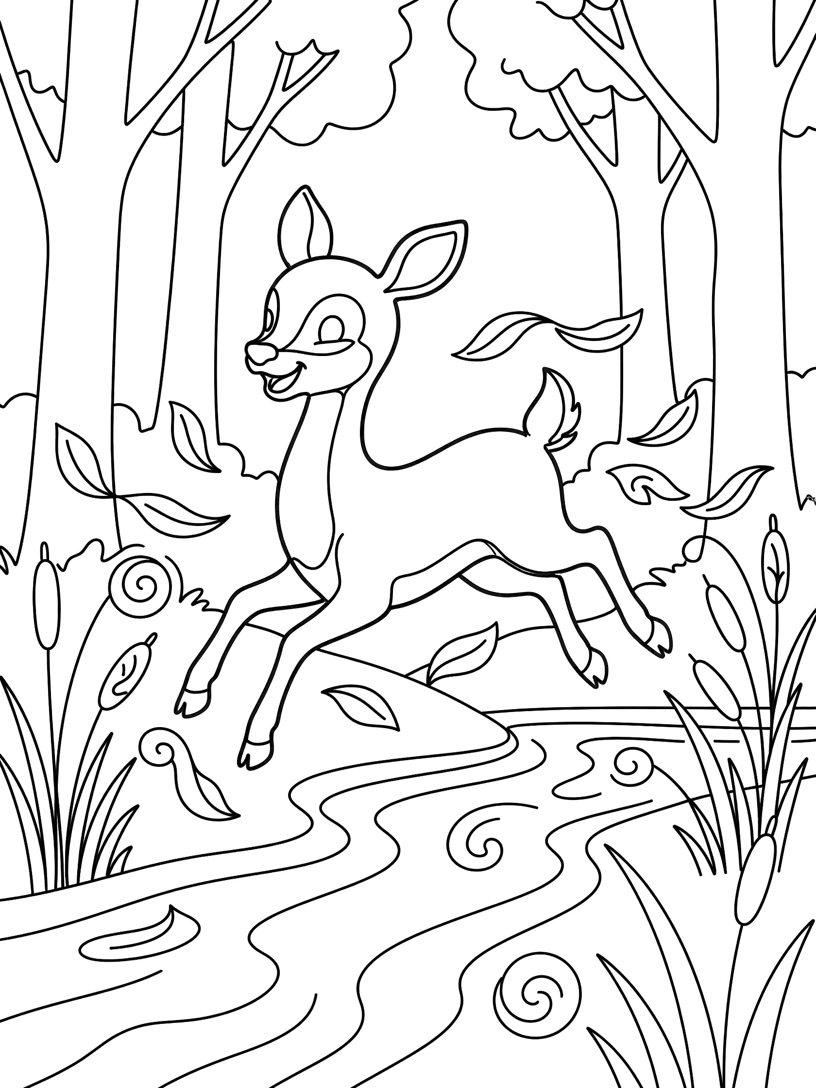 Black and white line art coloring page showing a whimsical deer fawn jumping over a wavy stream surrounded by forest trees, swirling leaves, and tall reeds.