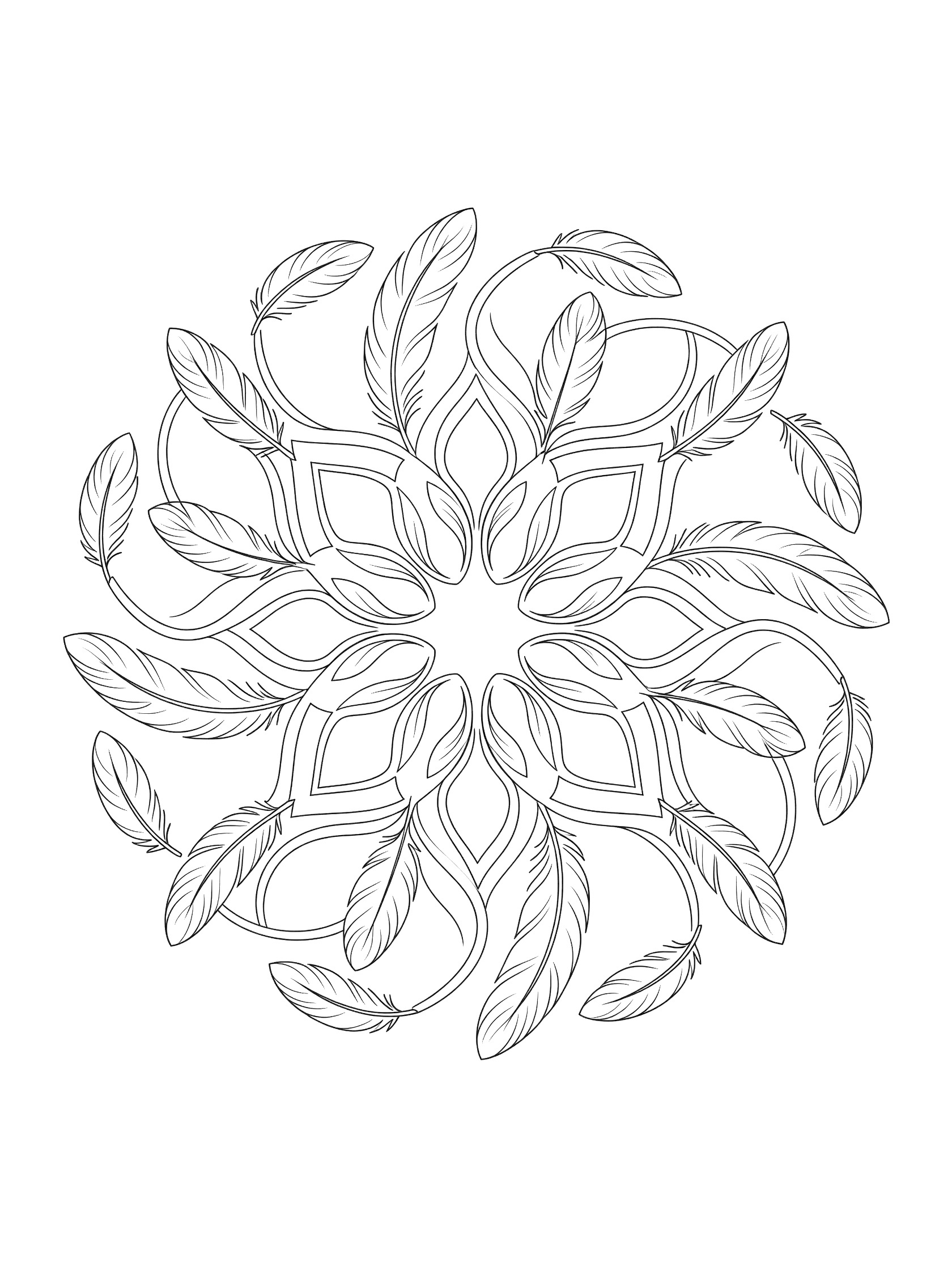 Black and white line art of a symmetric mandala made from curved flowing feathers with wavy connecting lines, clean coloring book style on white background.