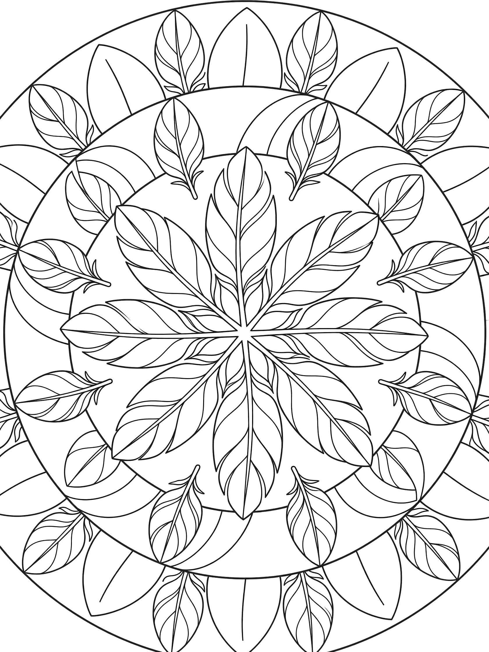 Black and white line art of a circular mandala made from large overlapping feather shapes with thick outlines on a white background.