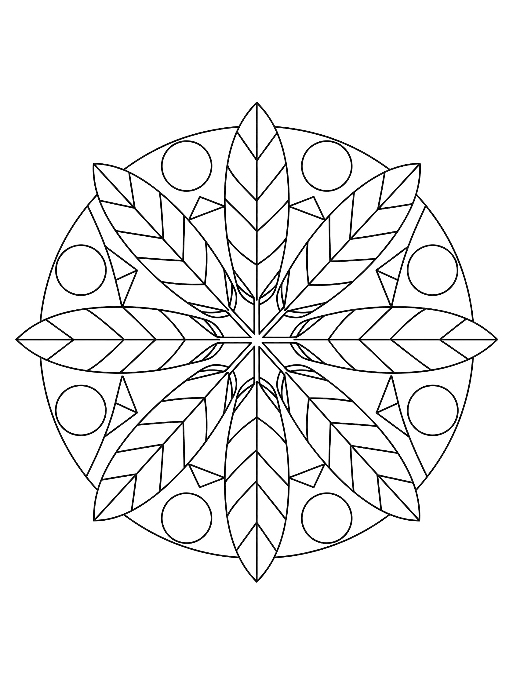 Black and white line art of a symmetrical mandala with four identical feathers around a center, connected by lines and filled with circles and triangles.
