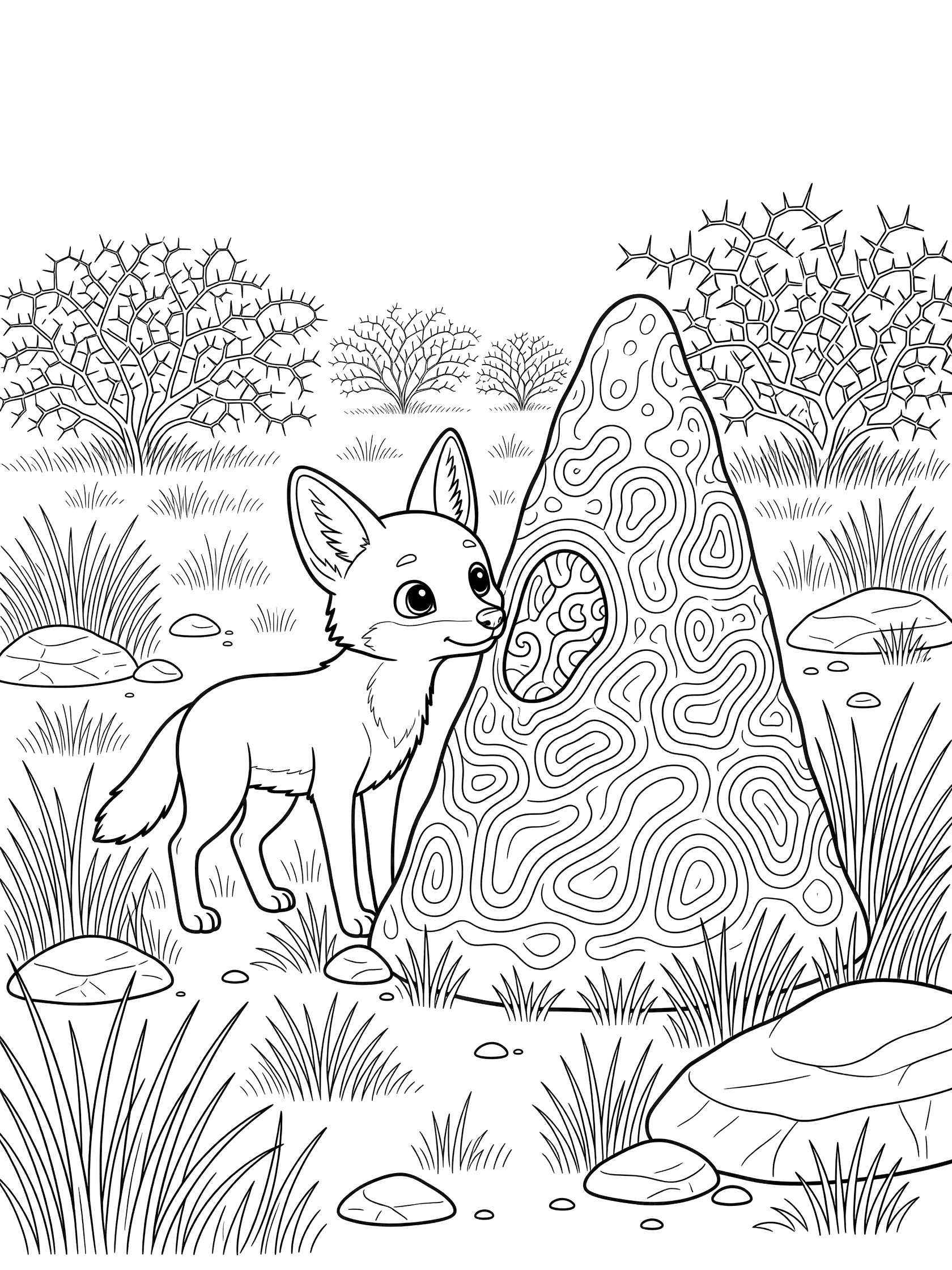 Black and white line art coloring page showing a fennec fox with big eyes sniffing a tall termite mound surrounded by dry grass, rocks and thorny bushes. Jackal themed black and white printable line art